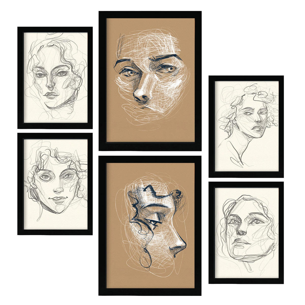 POSTER Set Mit 6 Verführerischer Junge In Weibliche Zusammenfassung A3 & A4 Schwarzer Rahmen - Schwarz, Papier (29/3cm) - Nacnic