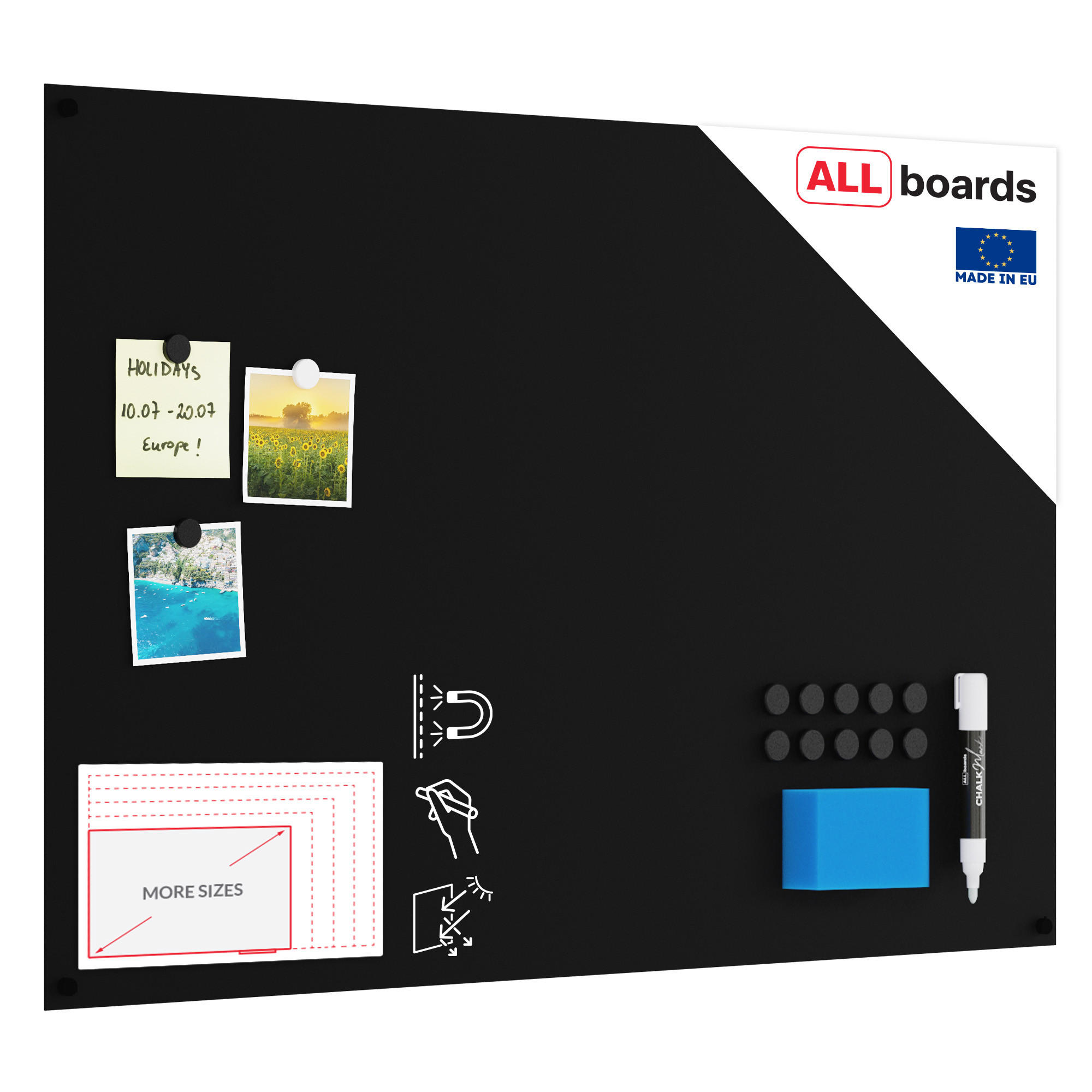 MAGNETPLATTE rahmenloses SLIMboard - Kreideoberfläche - 90x60 cm - Schwarz, Metall (90/60/0.3cm) - ALLboards