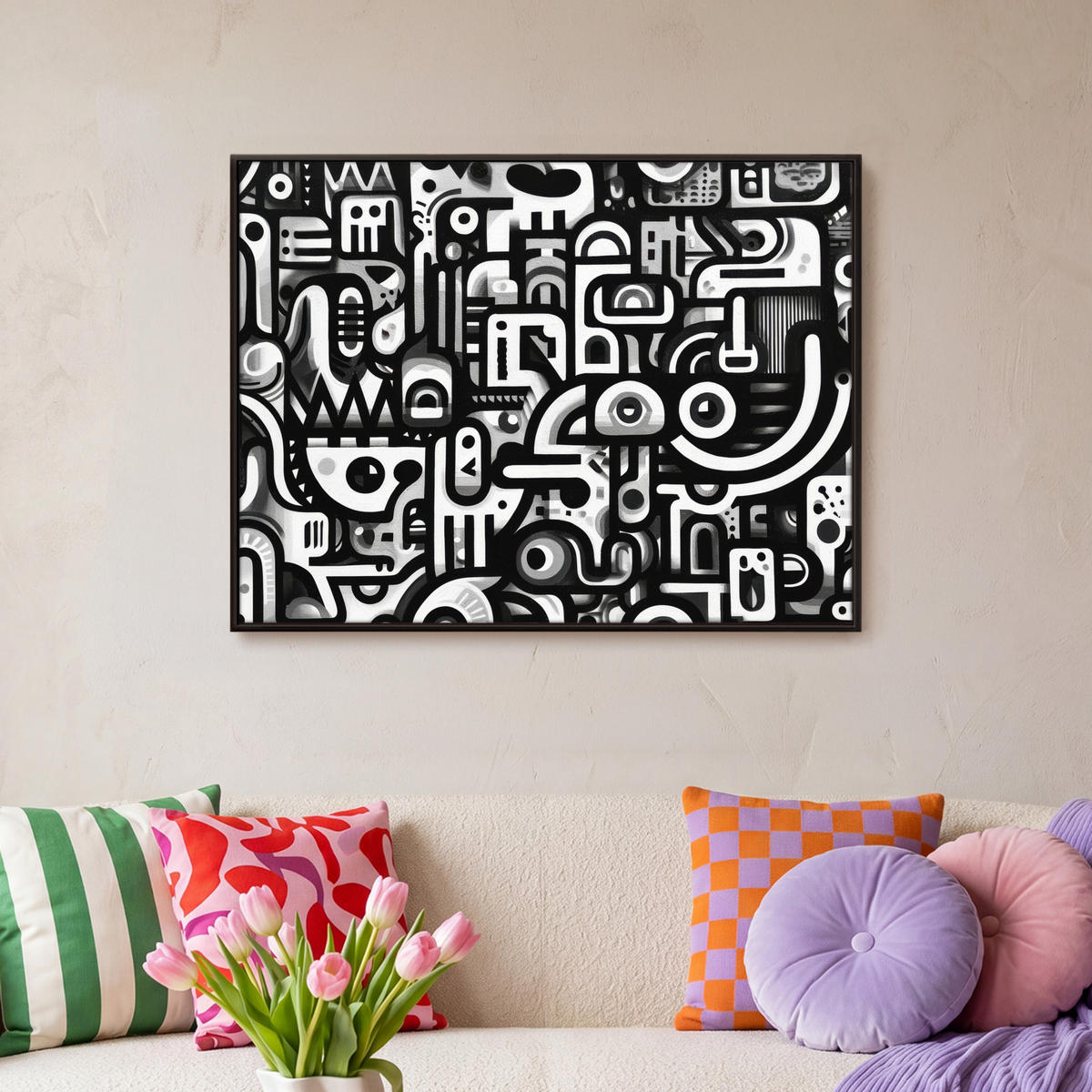 LEINWAND Bilder mit Rahmen - Symbole - Abstrakt - Grafik - Schwarz - 70x50 - Schwarz, Textil (70/50cm) - MuchoWow