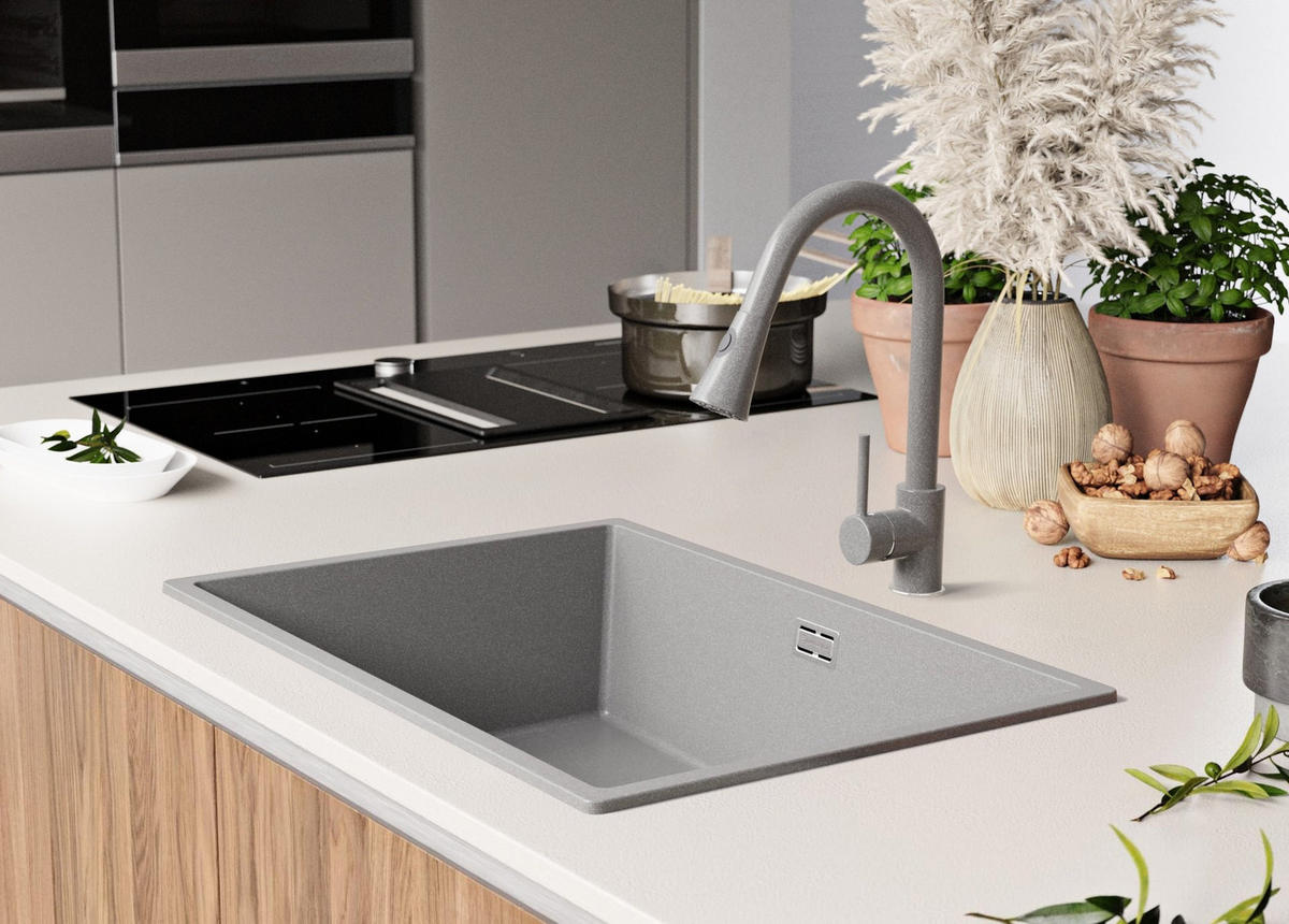 SPÜLBECKEN London Slim, 2-er set Grau 66/47 cm 1 Becken + Ablauf-Set ab 70er Unterschrank - Grau, Kunststoff (66/20/47cm) - Primagran