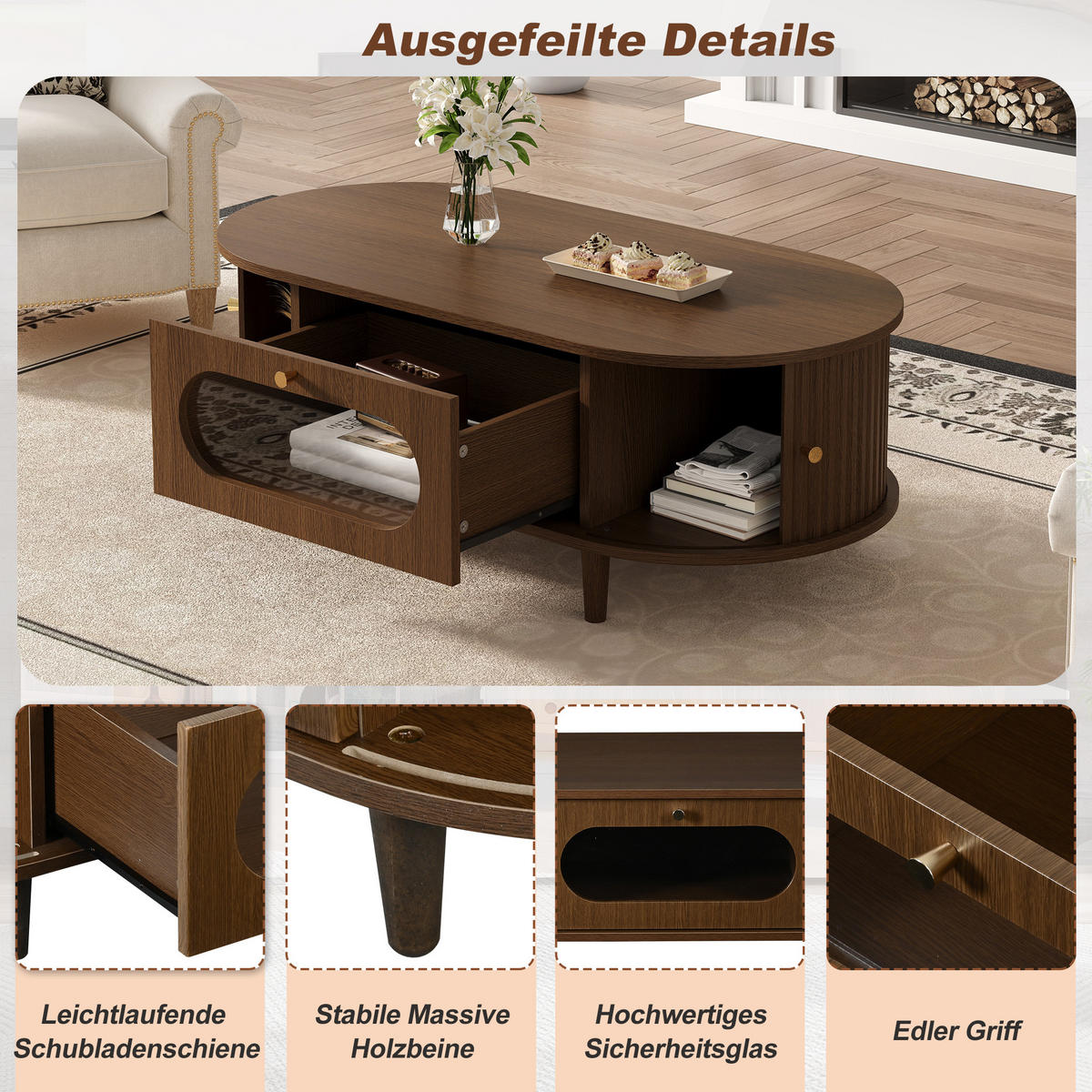 COUCHTISCH in Naturfarben Sofatisch mit Schublade und Rolltür, Sofa- und Beistelltisch mit 4 Stützbeinen, B100/T50/H36cm - Naturfarben, Glas/Holzwerkstoff (50/100/36cm) - STILVORA