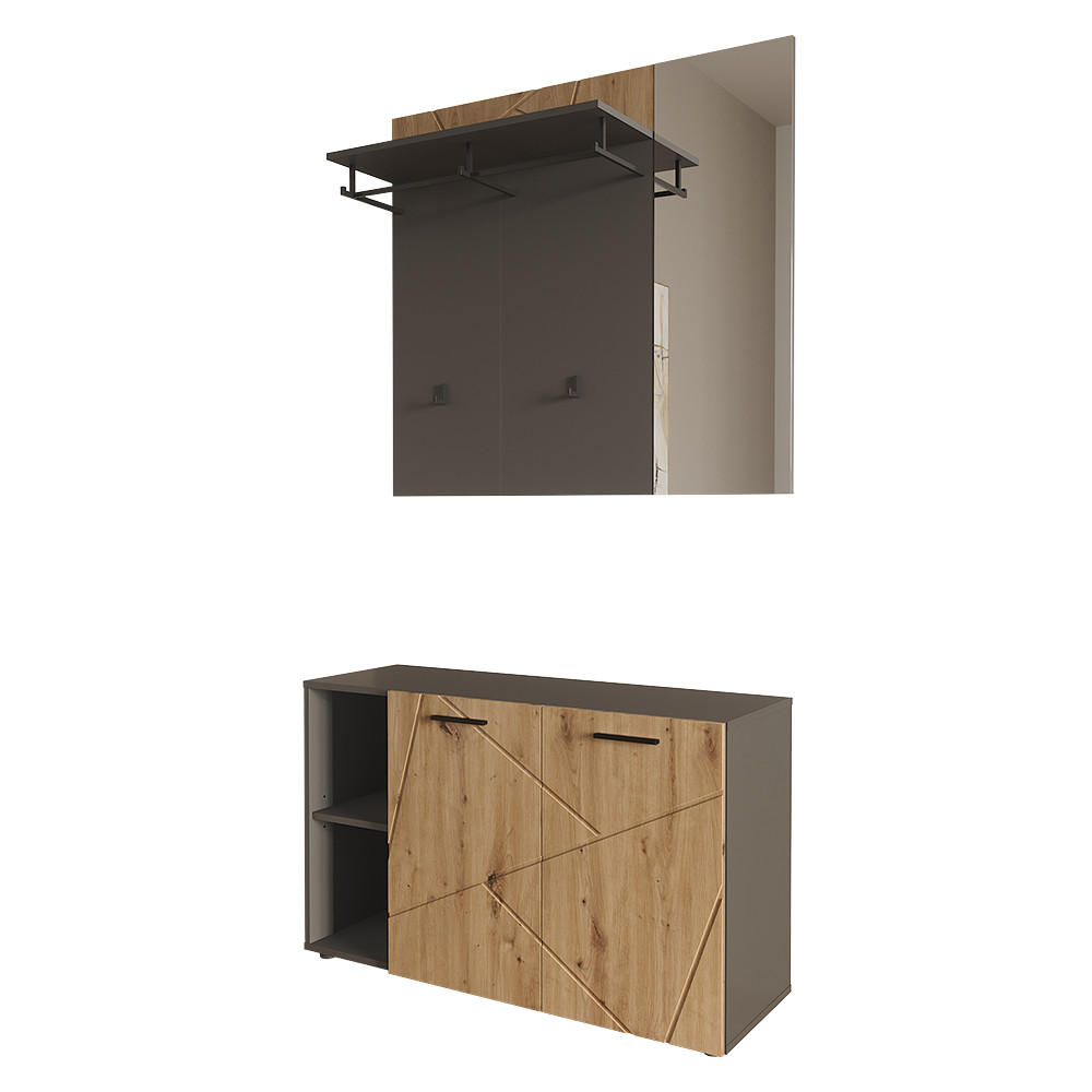 GARDEROBE Irma Anthrazit/Artisan 106 x 63 cm Set mit Schuhschrank und Wandgarderobe mit Spiegel - Anthrazit, Holzwerkstoff (106/63/37cm) - Vicco