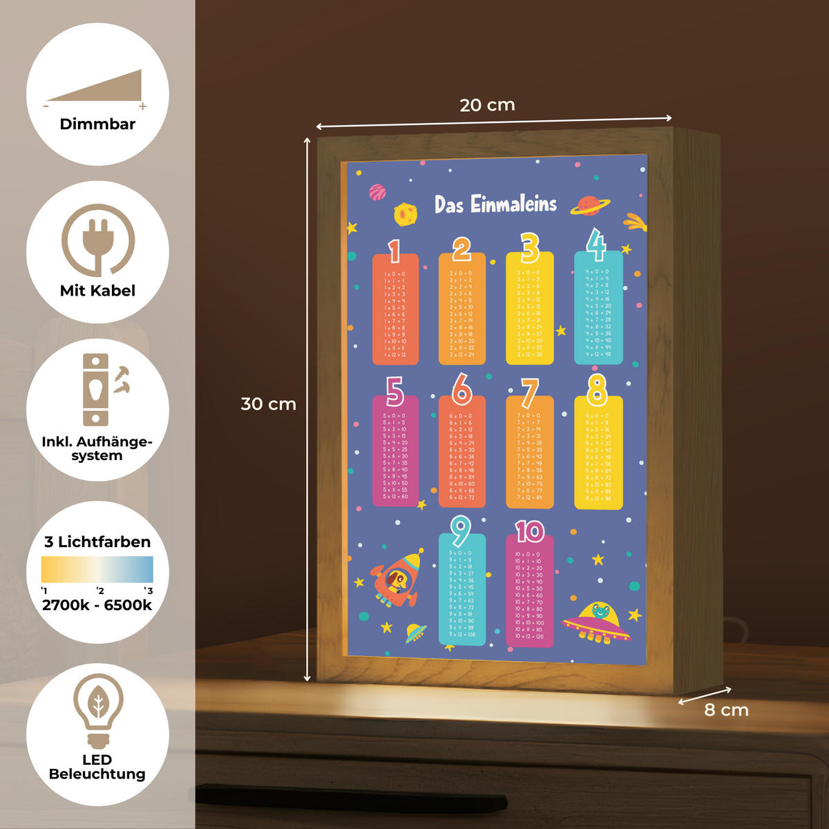 NACHTTISCHLAMPE Pädagogisch - Rechnen lernen - Raum - Einmaleins 20x30 cm - Dunkelblau, Holzwerkstoff (8/20/30cm)