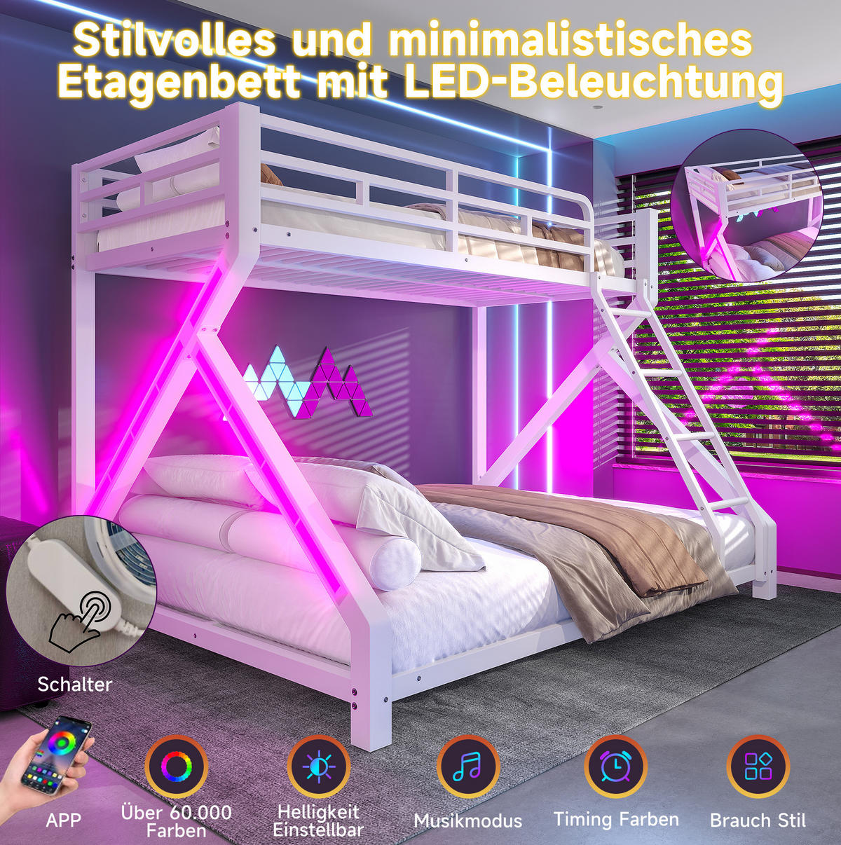 ETAGENBETT 90/200, 140/200 cm aus Metall mit LED-Lichtleiste, Weiß - Weiß, Metall (90/200cm) - OKMYHOME