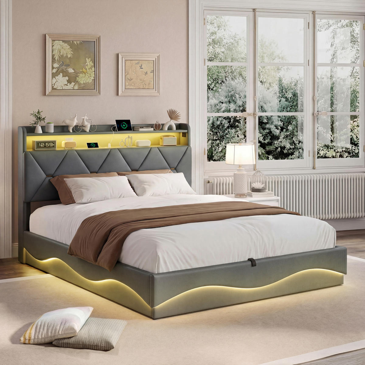 POLSTERBETT 160/200 cm grau Samt Stauraum LED USB Regal - Grau, Holz