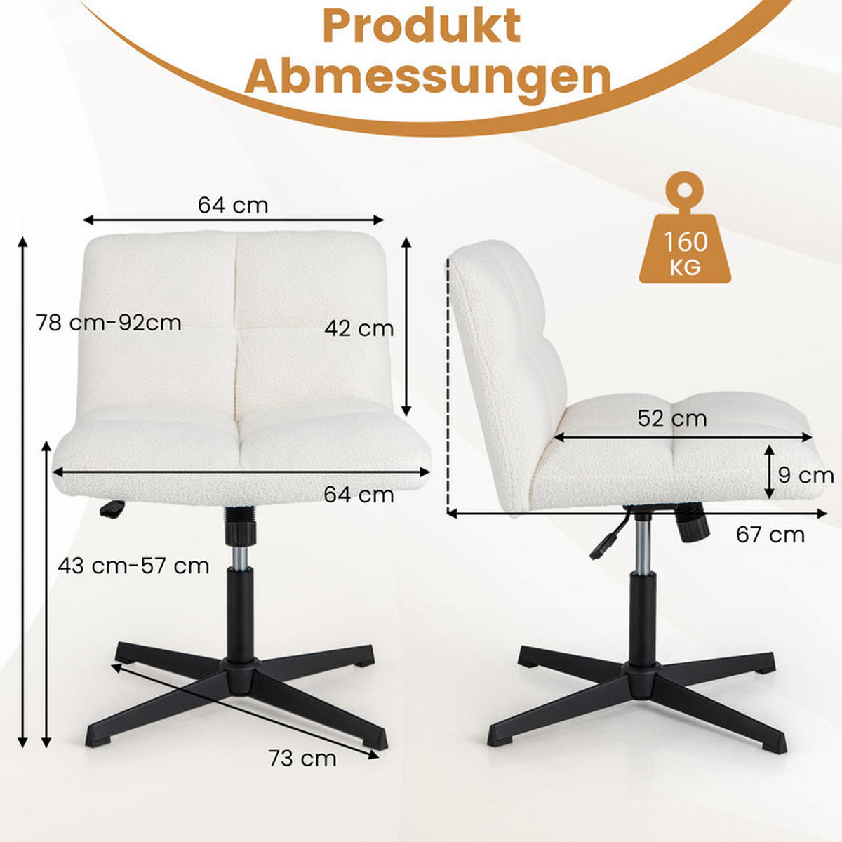 BÜROSTUHL Beige - Beige, Metall (73/78/64cm) - COSTWAY