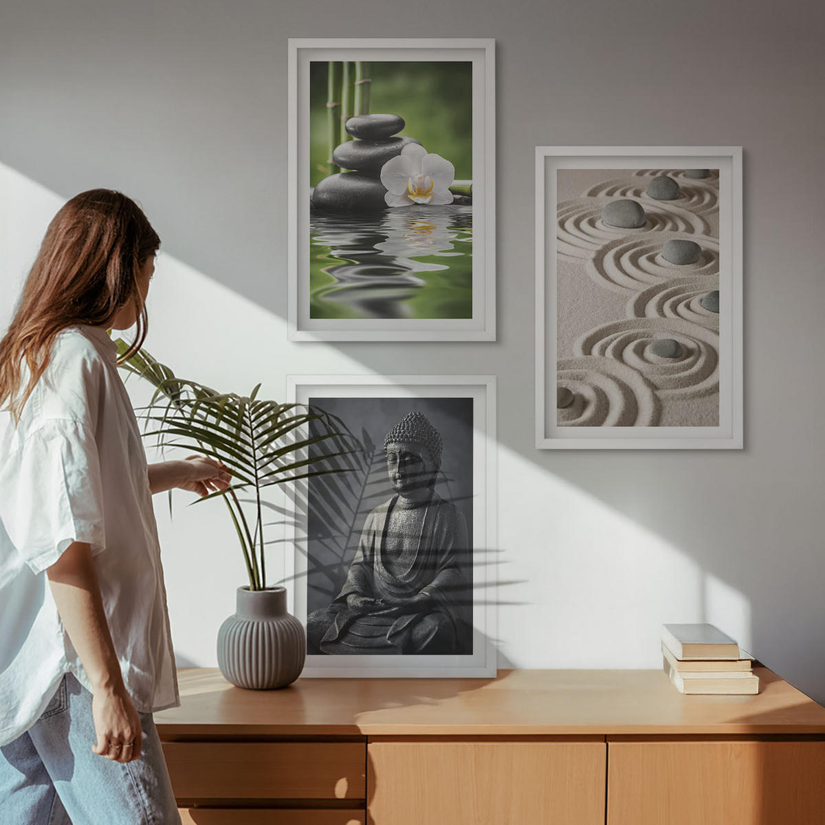 BILDER SET 3er Set - 40x60 cm Weißer Rahmen - Entspannender Blick auf den Zen-Buddha - Weiß, Kunststoff (40/60cm) - TULUP