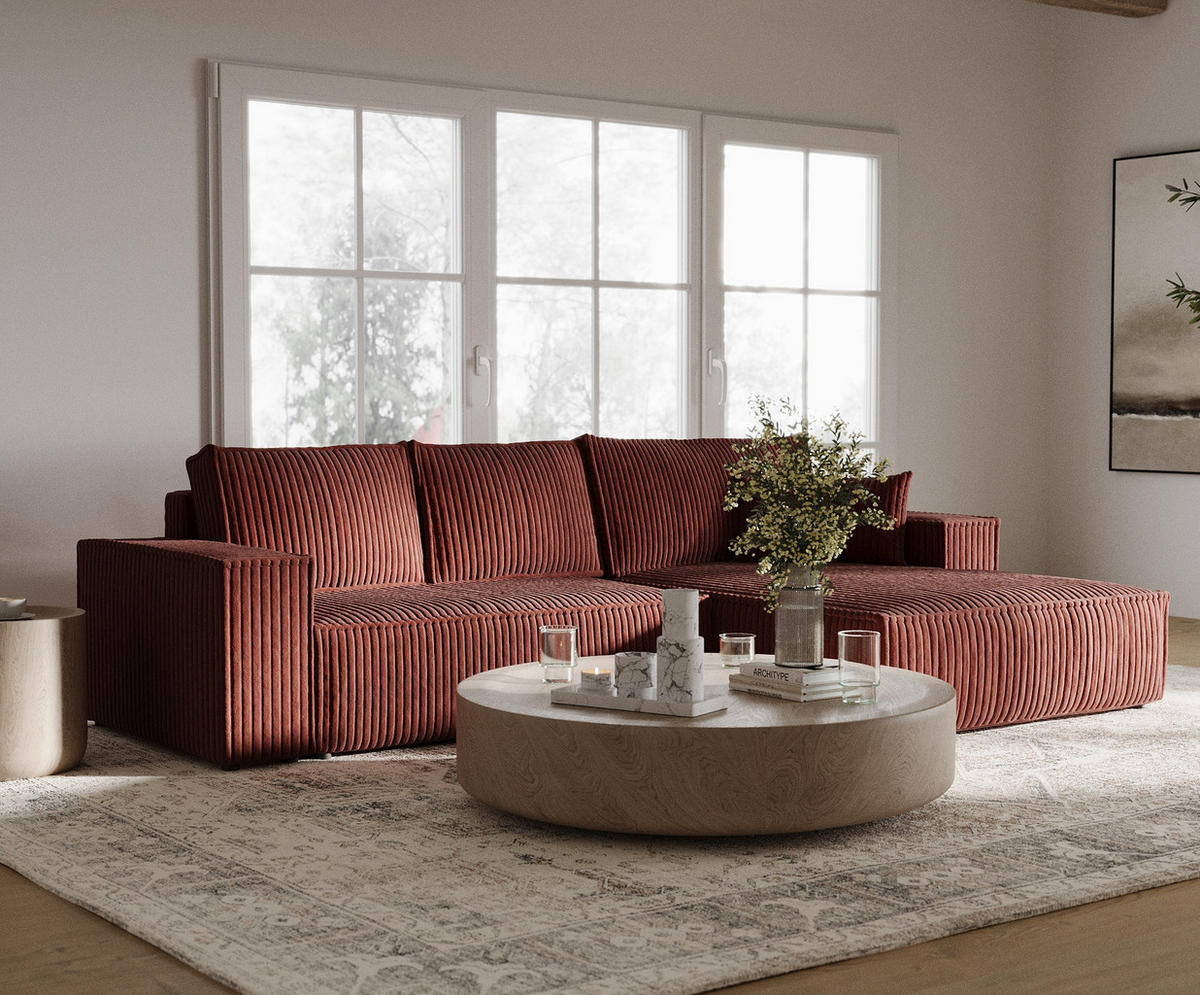 ECKSOFA Maze Ziegelfarbe Plüsch - Rechts Seite - Rostfarben/Schwarz, Holz/Holzwerkstoff (294/185cm) - Maison de Reve