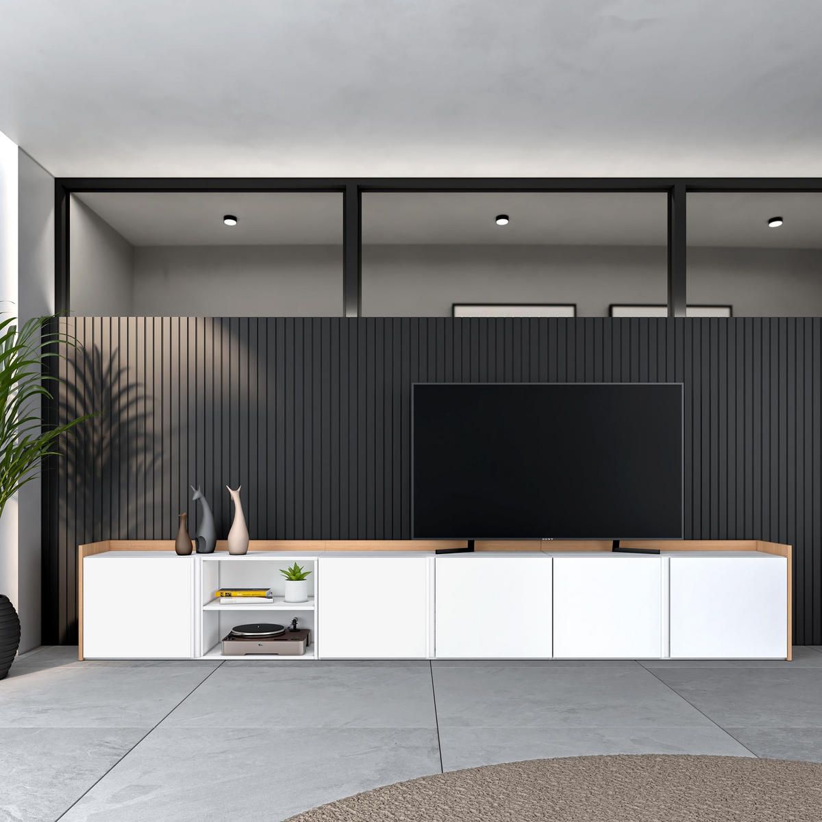 LOWBOARD, Weiß und Eiche, 309/35/50cm - Weiß, Holzwerkstoff (309/50/35cm) - Skraut Home