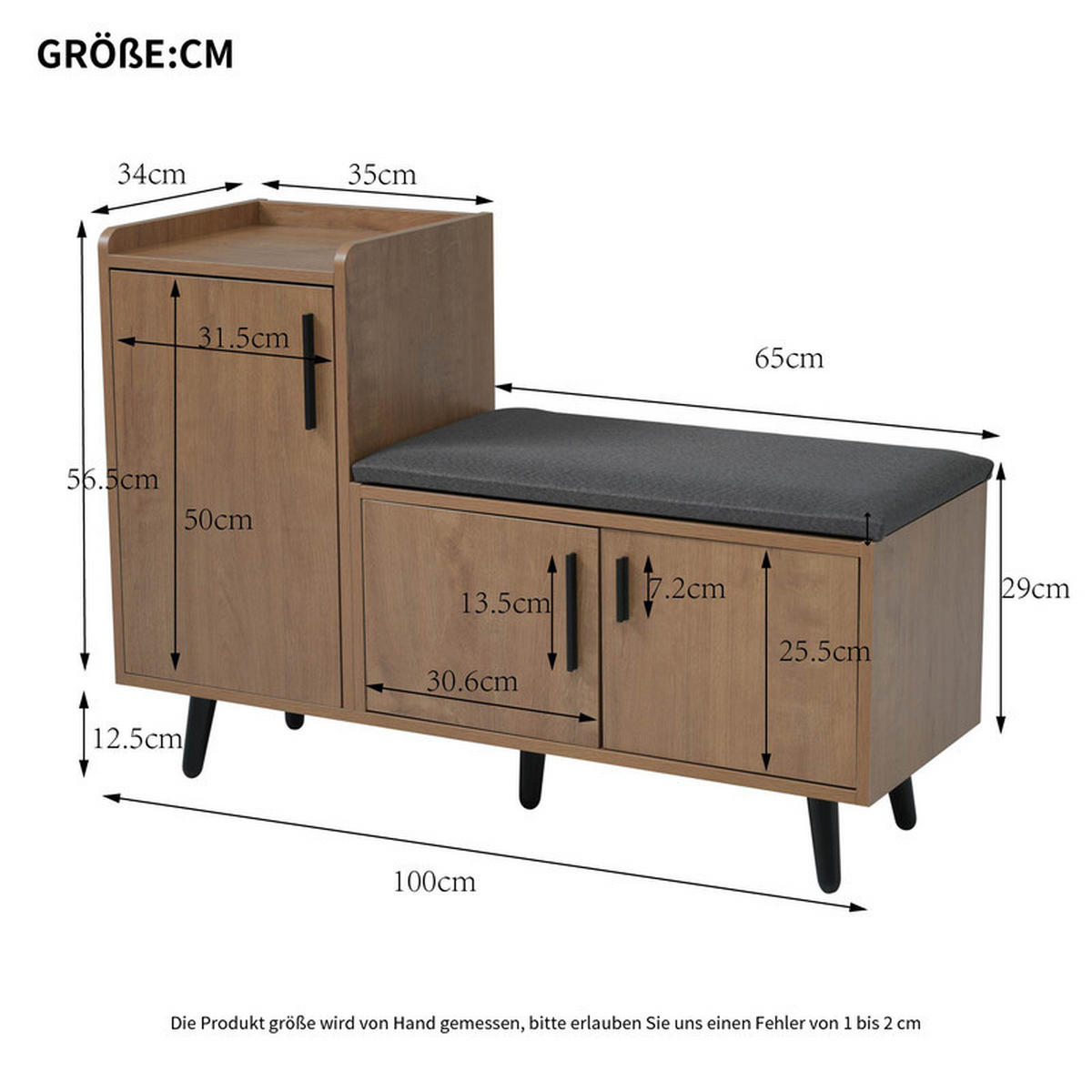 SCHUHSCHRANK mit 3 Stauraumtüren und asymmetrischen Metallgriffen 100x34x69 cm - Braun, Holzwerkstoff (34/68.5/100cm) - Fuleadture