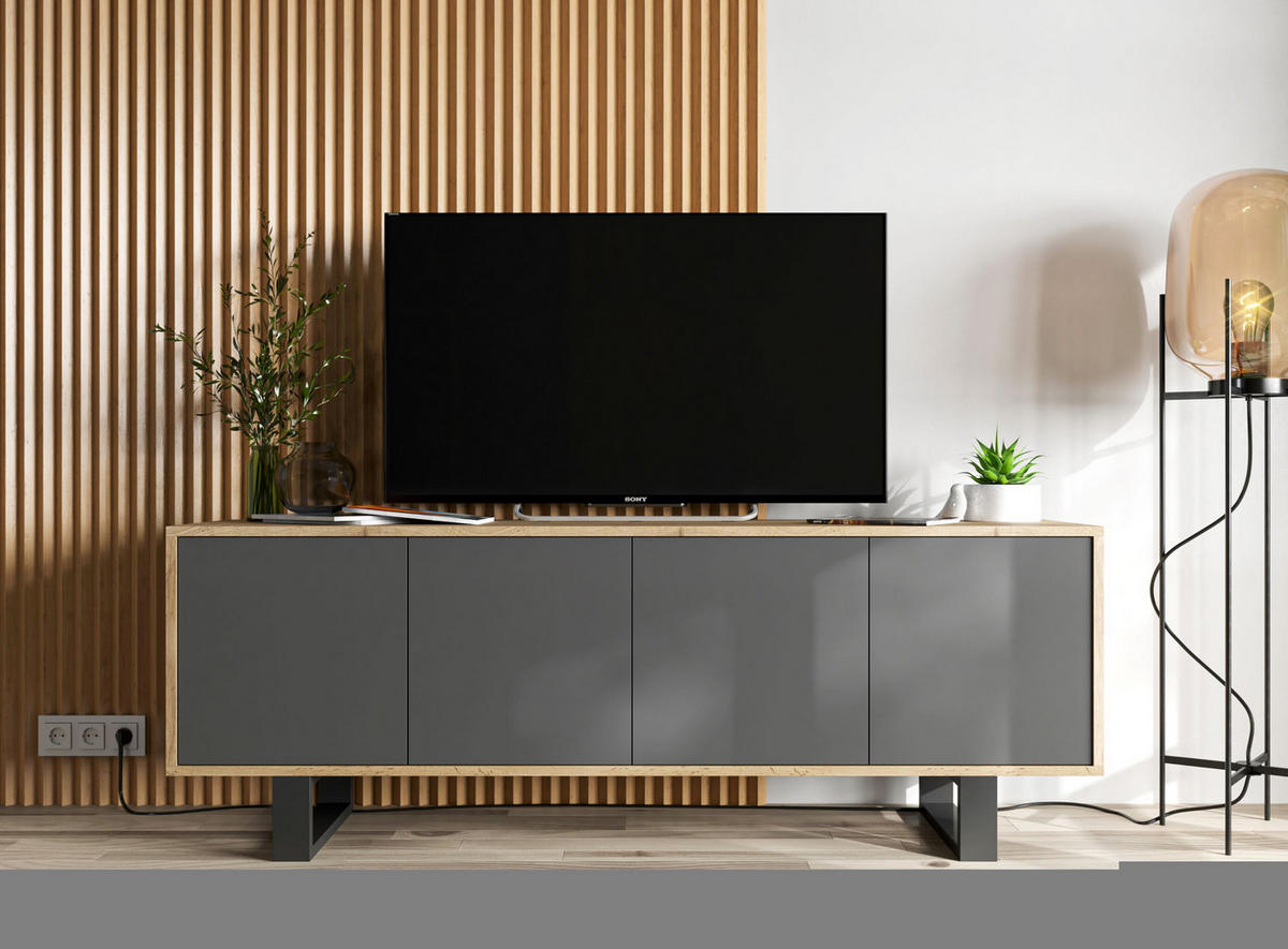 TV-SCHRANK Apollo2 Eiche wotan Graphit Matt mit Metallbeinen 150 cm - Graphitfarben/Schwarz, Holzwerkstoff/Metall (150/53/35cm) - Meble Lindner