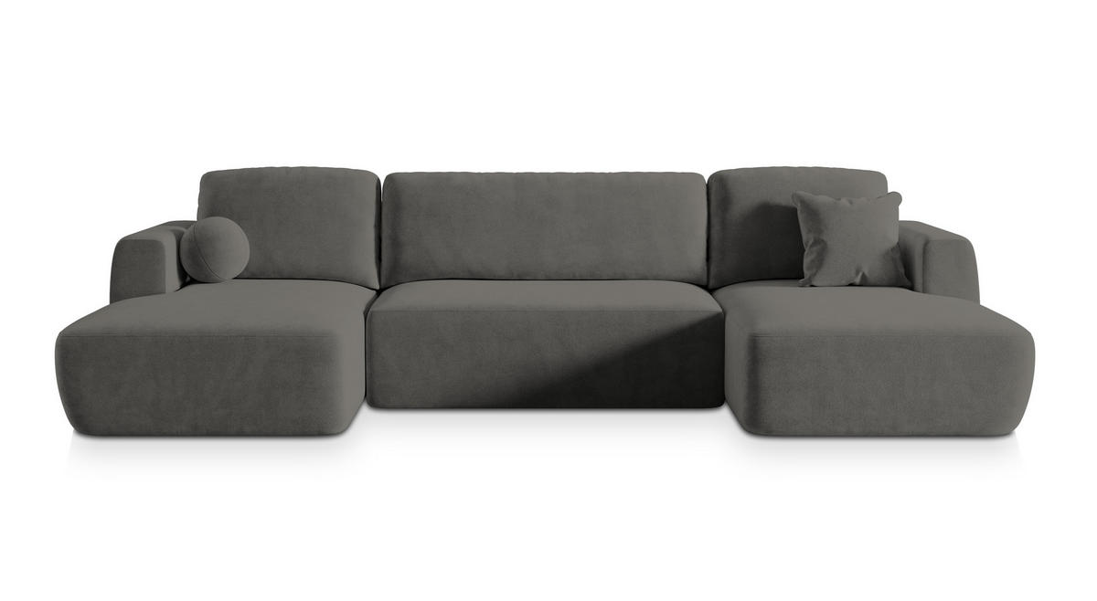 WOHNLANDSCHAFT SENTUM K Grau Plüsch-Stoff mit Schlaffunktion - Grau, Holz (330/90/148cm) - MASSENO