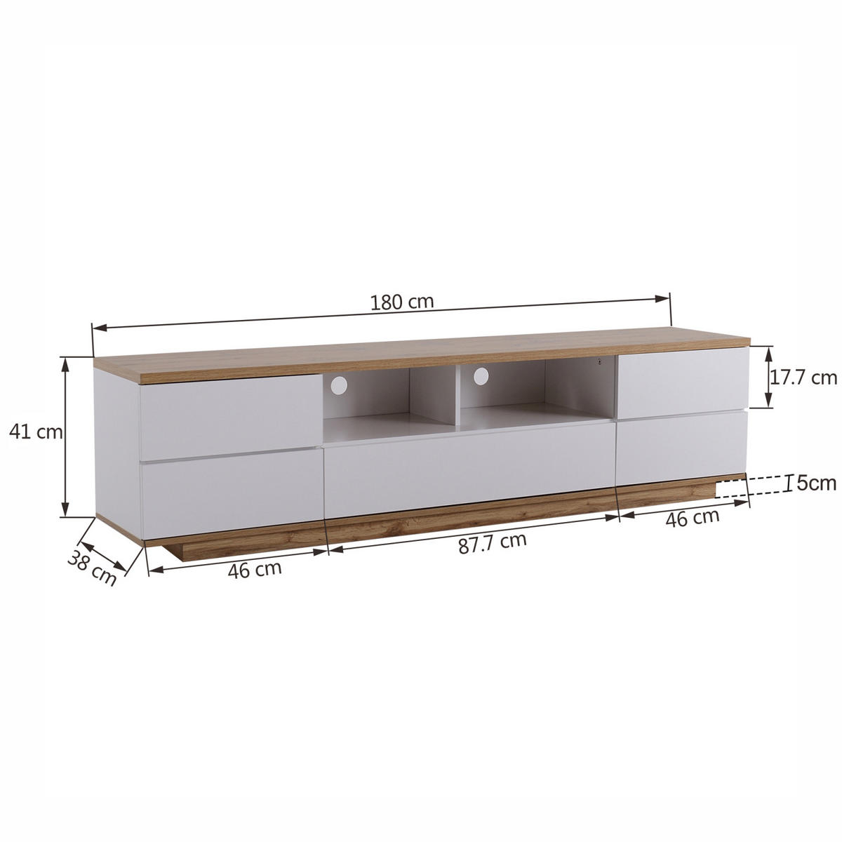 TV Lowboard 180x38x46 cm, Holzmaserung, Weiß - Weiß, Holz (180/46/38cm)