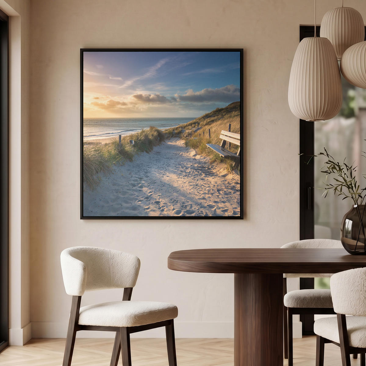 LEINWAND Bilder mit Rahmen - Sonnenuntergang - Strand - Düne - Gras - Ufer - 90x90 - Sandfarben, Textil (90/90cm) - MuchoWow