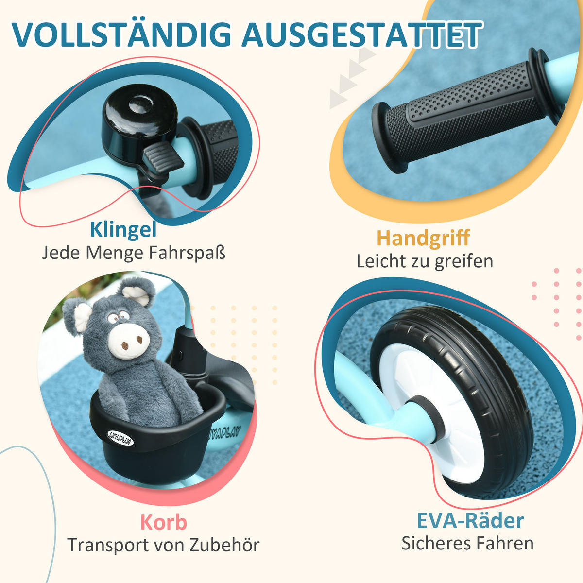 KINDERDREIRAD, Blau/Weiß/Roa, Metall+ EVA - Blau, Metall (70.5/53/58cm) - AIYAPLAY