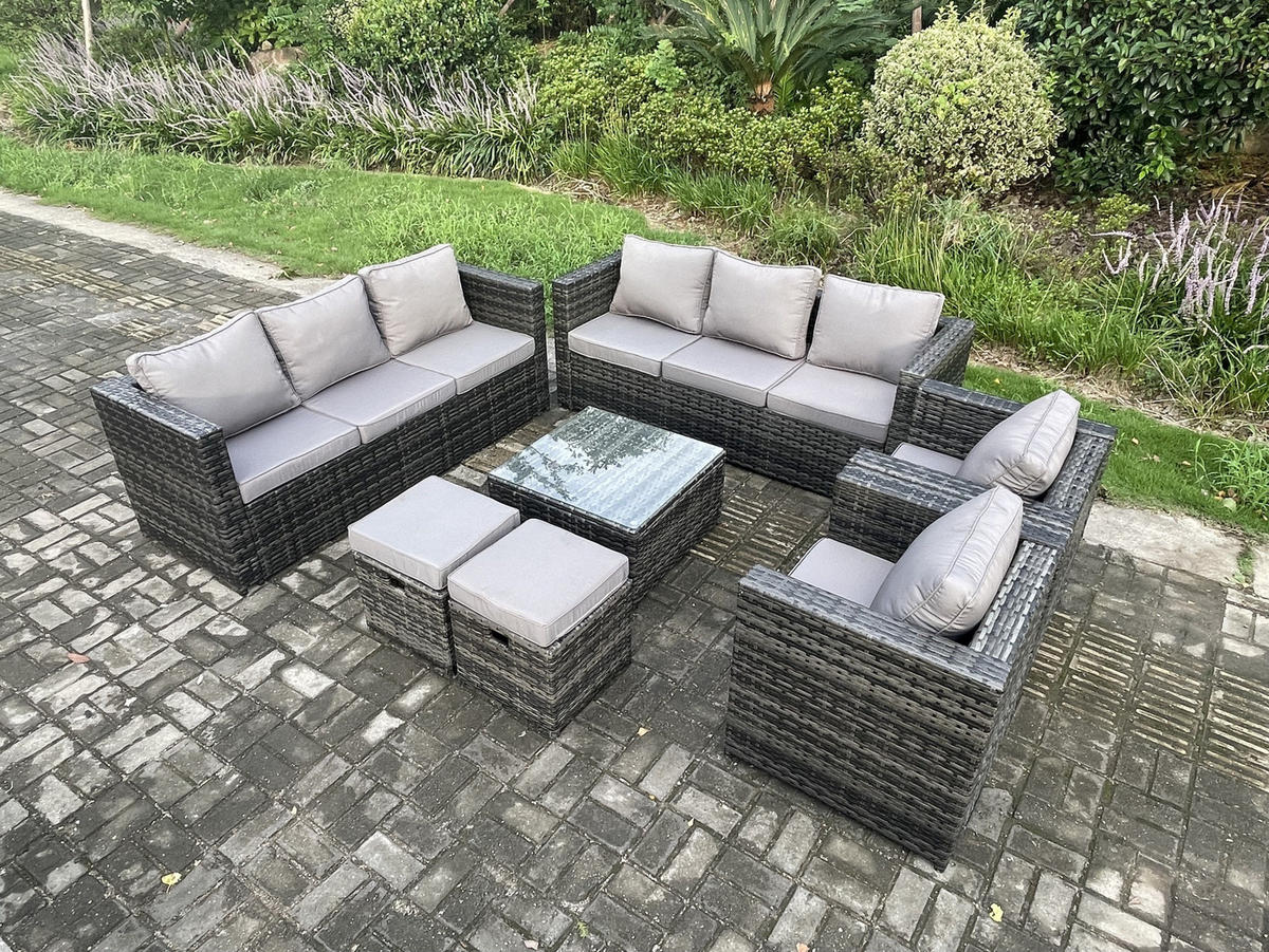 GARTENTISCHGRUPPE Polyrattan 10-Sitzer - Dunkelgrau, Metall - Fimous