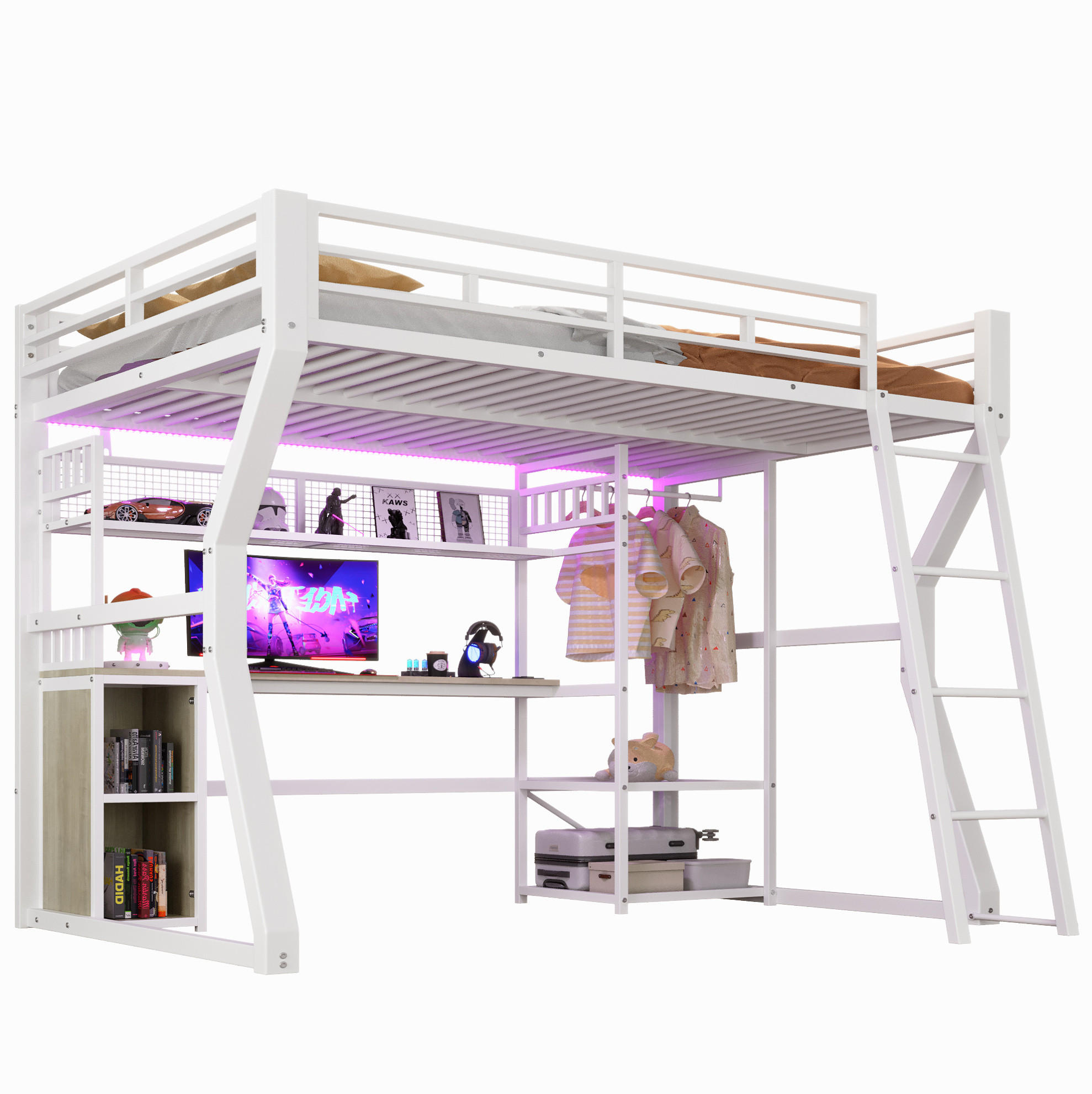 OKWISH PATROVÁ postel 180/200 cm bílá z kovu a MDF s psacím stolem