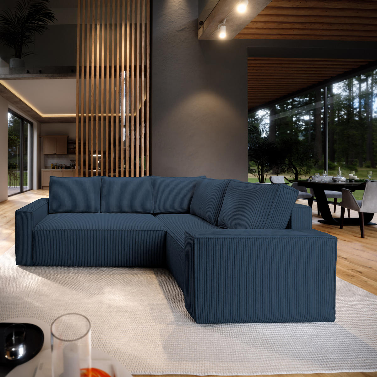 ECKSOFA ESTANO R-S Blau Kordstoff mit Schlaffunktion - Blau, Holz (230/158cm) - MASSENO
