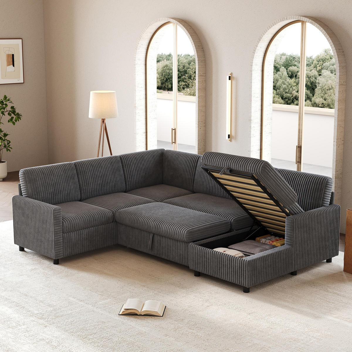 SOFA U Oblik na Razvlačenje Cord 220x274x85 cm Siva - siva, tekstil (274/85/220cm) - FLIEKS
