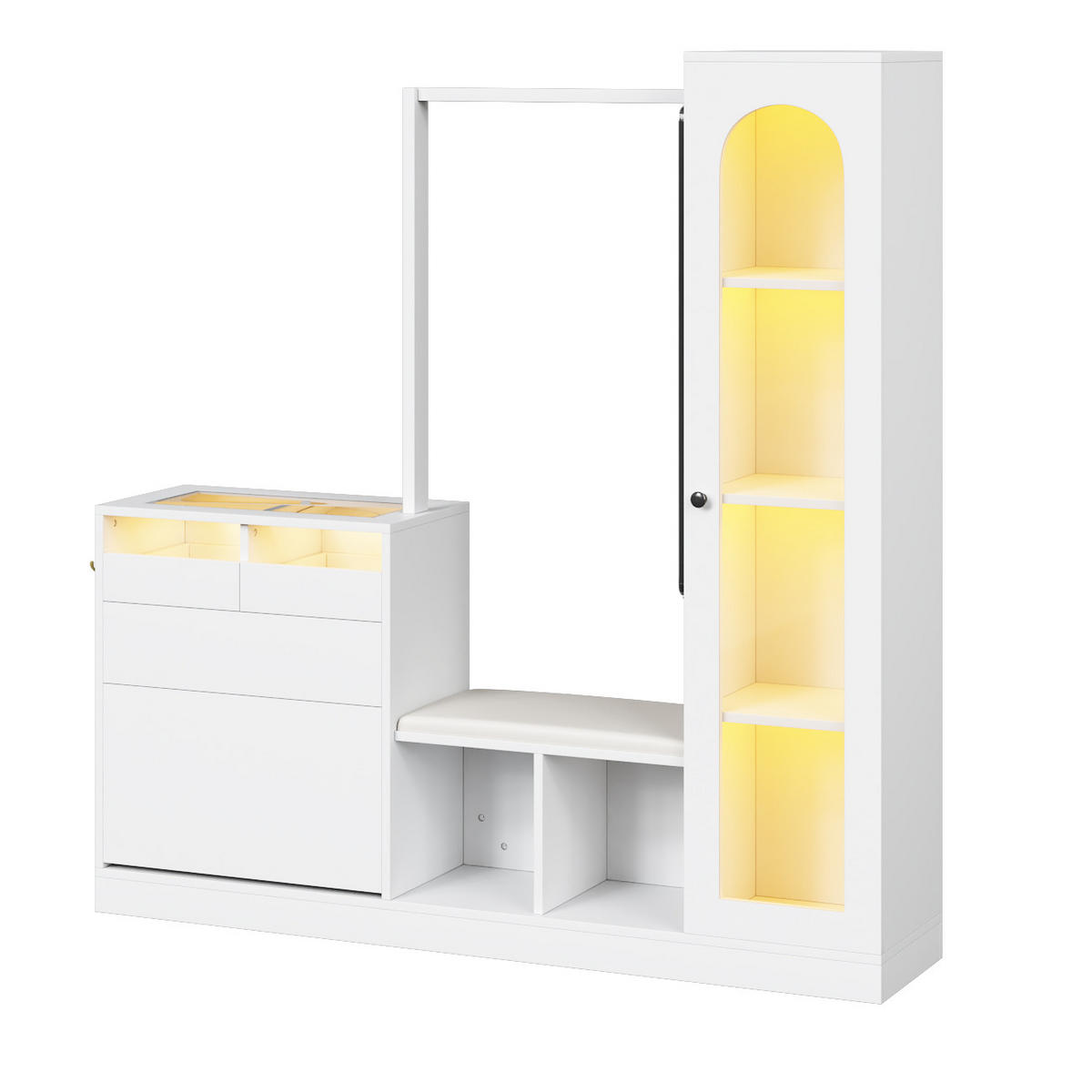 DIELENGARDEROBE 163/50/161 cm in Weiß mit Spiegel, Schuhschrank und Sitzbank - Weiß, Holzwerkstoff (163/161/35cm) - BEAOK