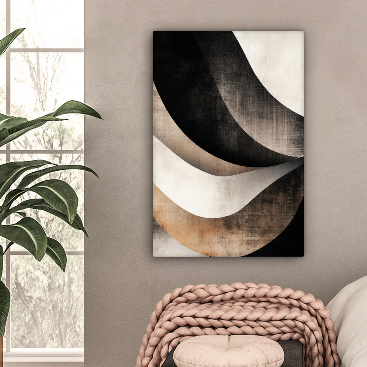 LEINWANDBILD Abstrakt - Wellen - Schwarz - Verwittert 60x90 cm - Trüffeleichefarben, Textil (60/90cm) - MuchoWow