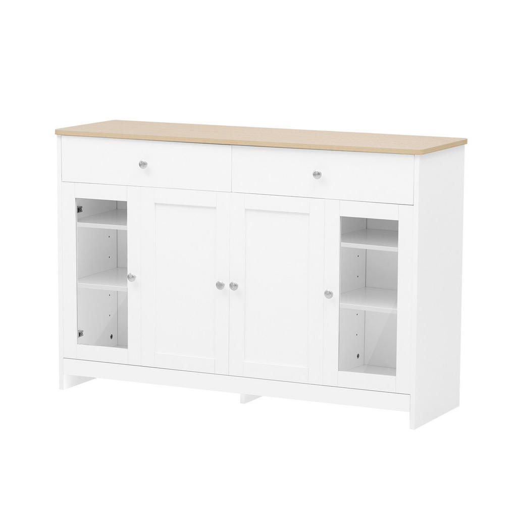 Modfu PŘÍBORNÍK z MDF 120x80x37 cm bílý a v dekoru dřeva se 2 zásuvkami, 4 dvířky a nastavitelnými policemi