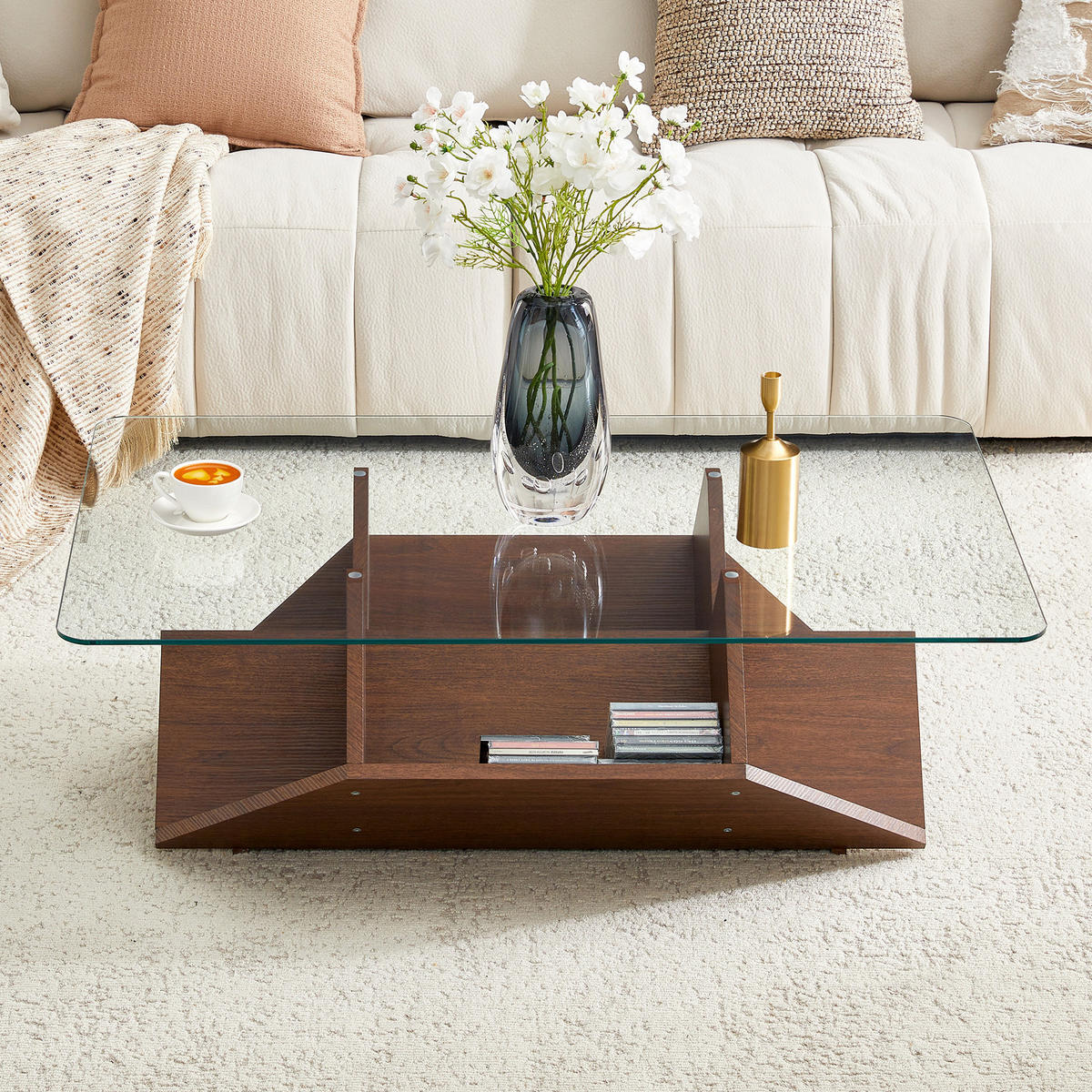 COUCHTISCH Walnussoptik MDF/Sicherheitsglas mit mehreren Ablagefächern - Transparent/Walnussfarben, Glas/Holzwerkstoff (103/63/33.5cm)