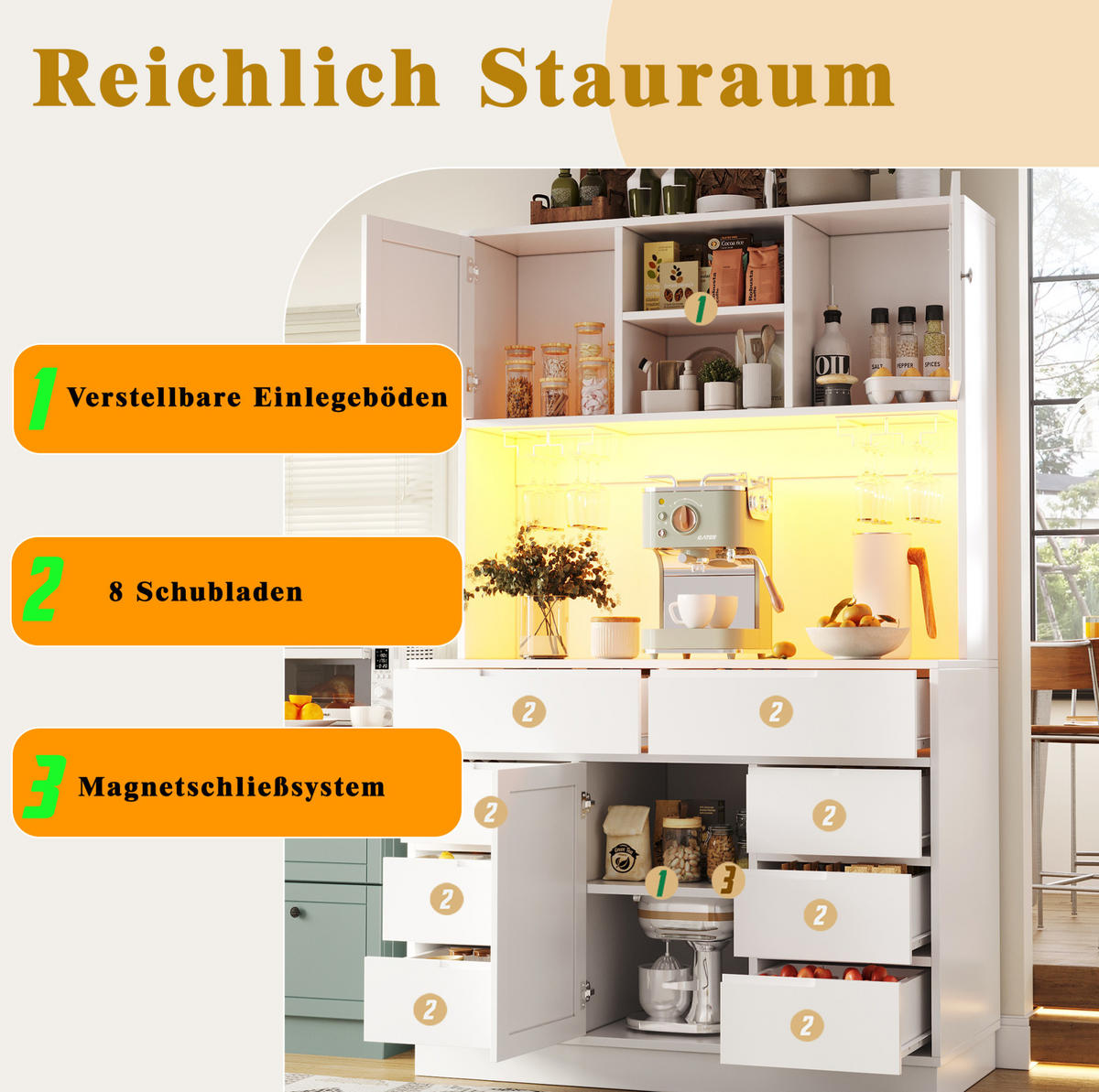 BUFFET 120/40/183,5 cm in Weiß mit LED-Beleuchtung und 8 Schubladen - Weiß, Holzwerkstoff (120/183.5/40cm) - Flora Grace