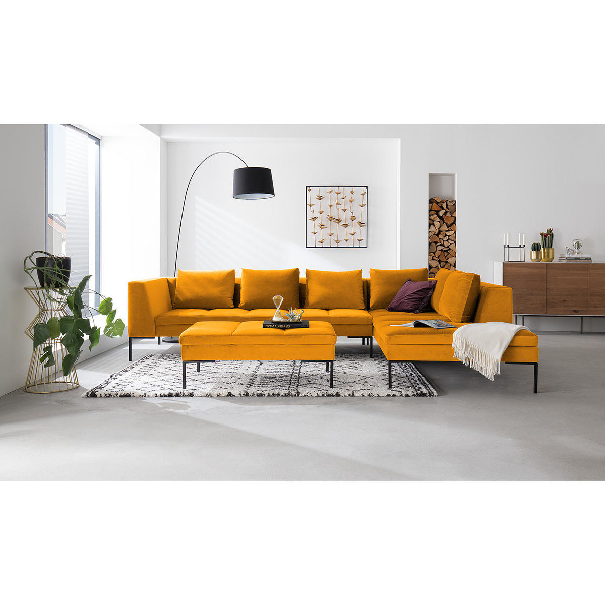 ECKSOFA mit Ottomane - Gelb/Schwarz, Textil/Metall (319/230cm) - home24