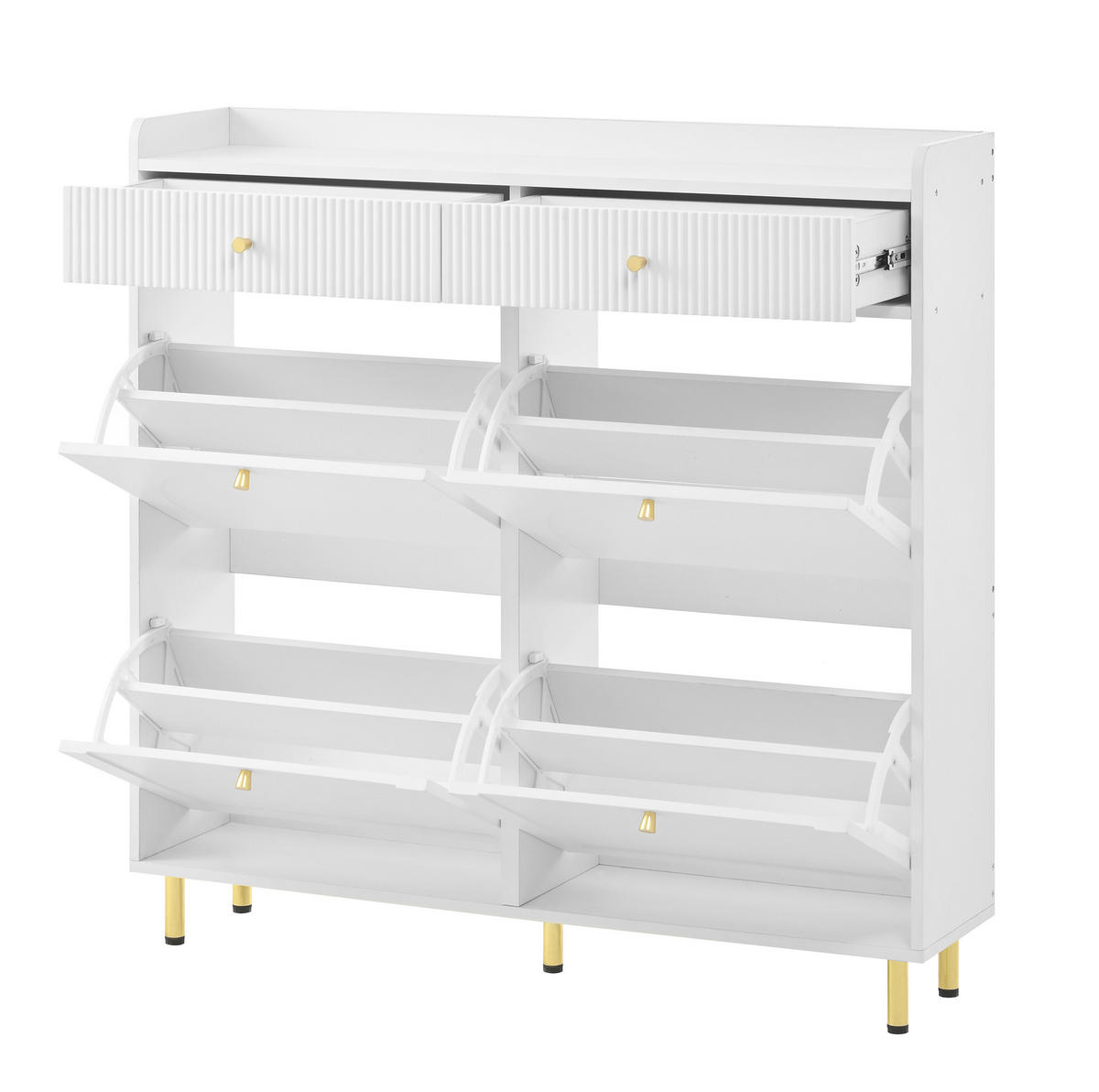 SKRINKA na topánky 106,5/25/105,5 cm biela s 4 výklopnými priehradkami a 2 zásuvkami z MDF a drevotriesky - biela, kompozitné drevo (106.5/105.5/25cm) - OKWISH