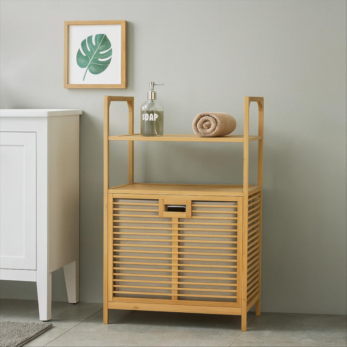 WÄSCHEKORB Bambus Naturfarben Regal mit Ablage 64x40x95 cm - Naturfarben, Holz (64/95/40cm) - Begryf