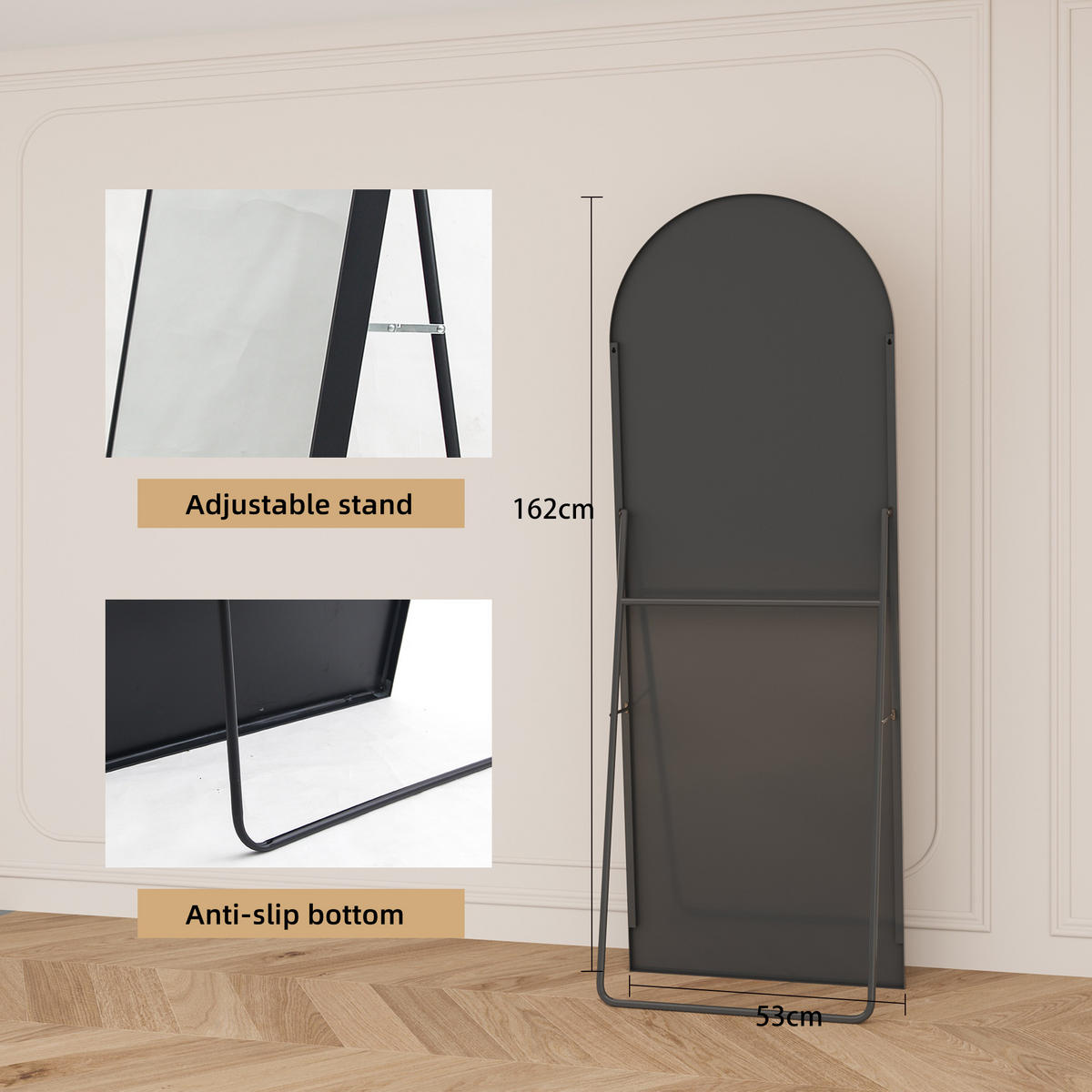 STANDSPIEGEL 162 × 53 cm, schwarzer, gewölbter Spiegel, Rahmen aus Aluminiumlegierung - Schwarz, Glas/Metall (53/162/3cm) - WoodenAura