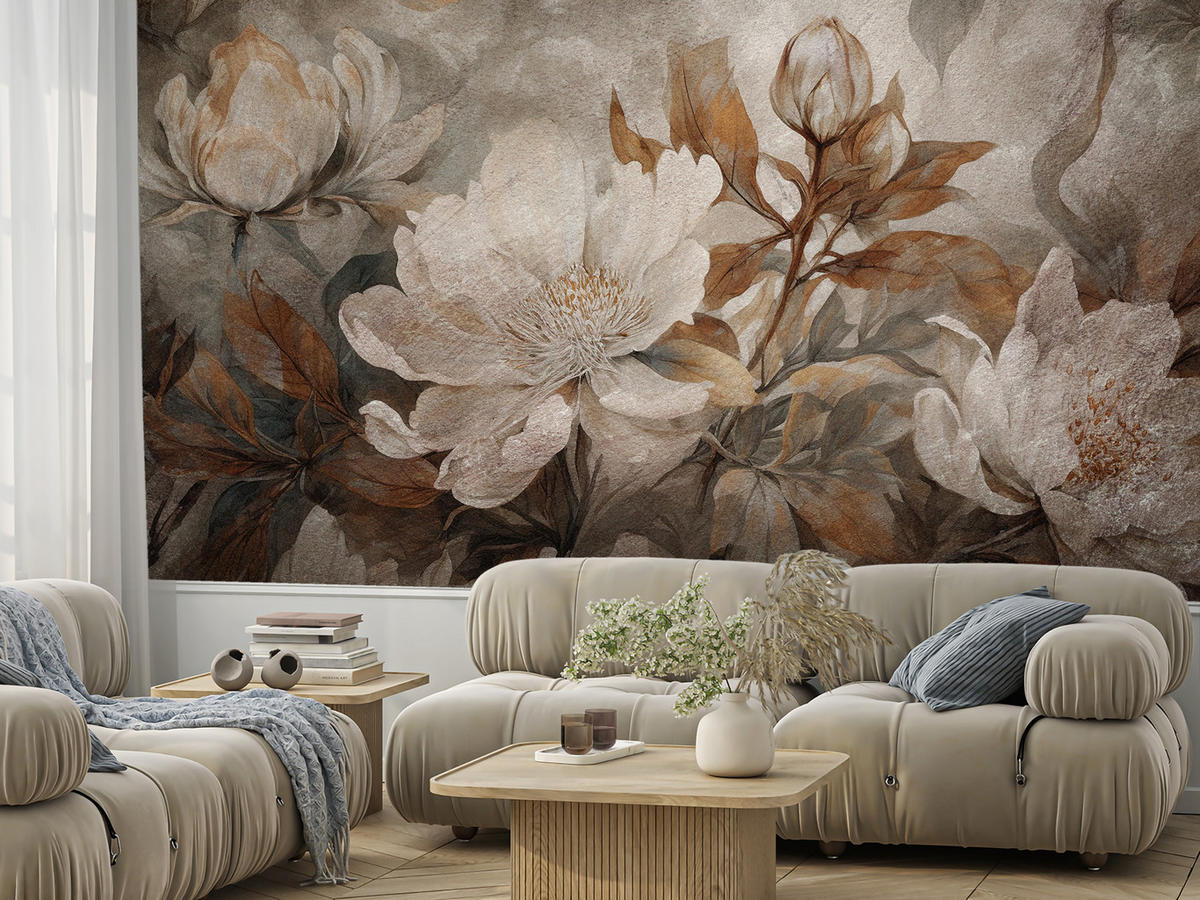 FOTOTAPETE für Wohnzimmer Blumen Blätter Pflanzen Natur Retro Stil 400x280 - Beige/Orange, Papier (400/280cm) - Muralo