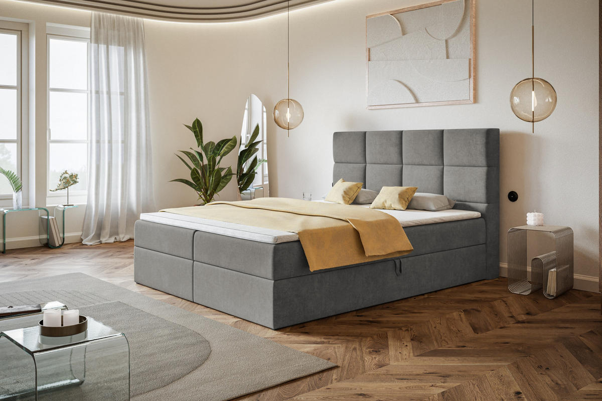 BOXBETT ROMA mit 2 Bettkästen, 180x200, Farbe: Grau, Velourstoff, Doppelbett mit Bonell-Matratze - Grau, Holz/Kunststoff (180/200cm) - Alpi-Möbel