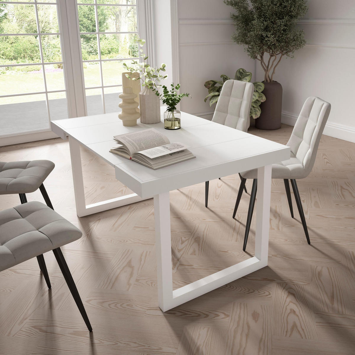 KONSOLENTISCH ausziehbar 58 bis 140cm, für 6 Gäste, weiß, 90/58/73cm - Weiß, Holzwerkstoff (90/140/73cm) - Skraut Home