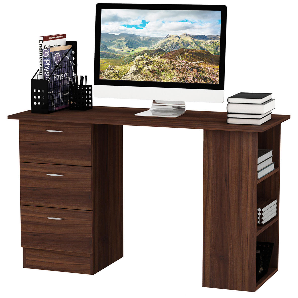 SCHREIBTISCH Walnussoptik mit Schubladen und Regalfächern 120/49/72 cm - Walnussfarben, Holz (49/120/72cm) - PANGIVO