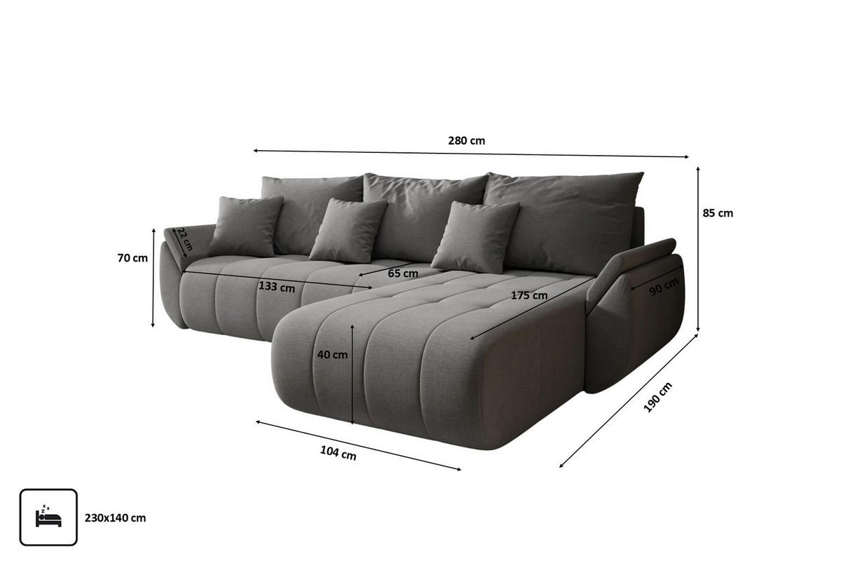 ECKSOFA Mit Schlaffunktion Und Bettkasten TOKYO, Stoff WIND, Stahl, Rechts - Grau, Holz (280/190cm) - Kaiser Möbel