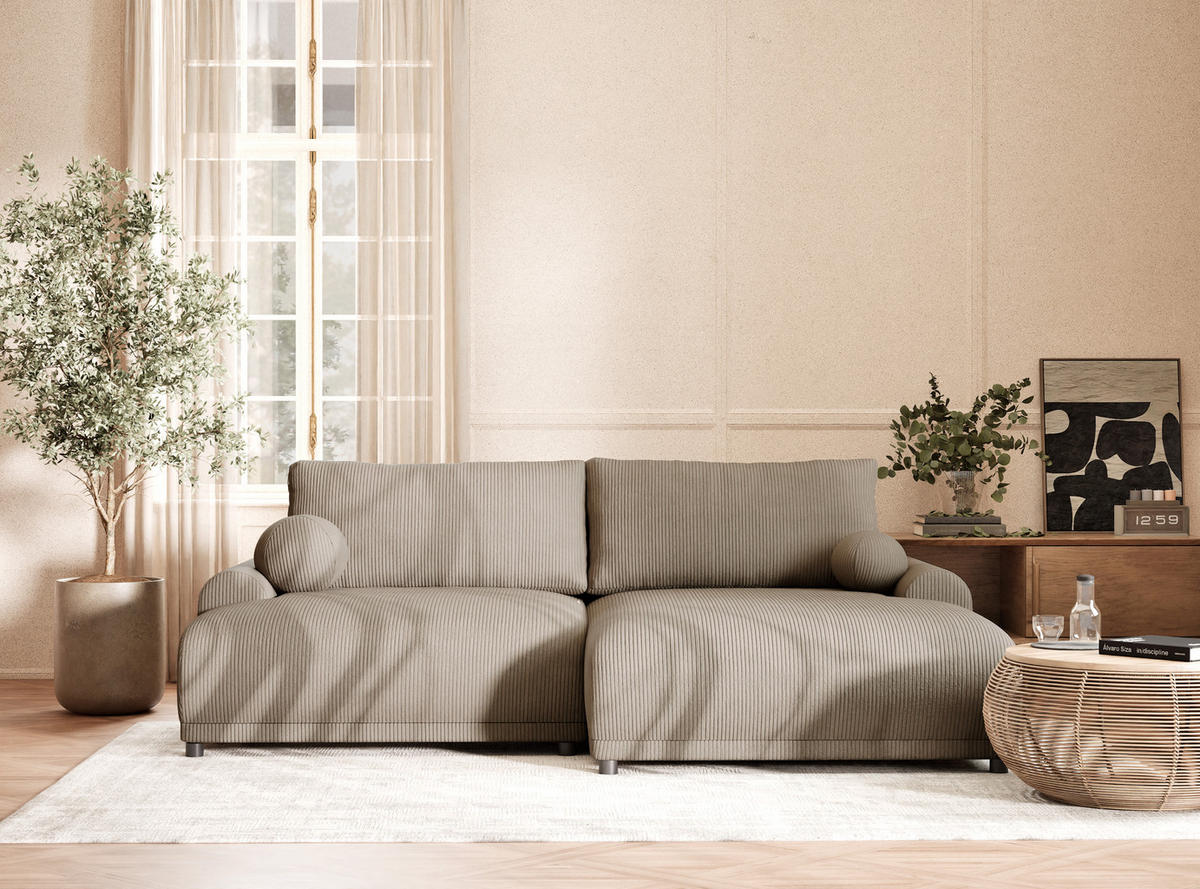 ECKSOFA MIT SCHLAFFUNKTION Tallin Beige Samtstoff - Beige/Schwarz, Holz/Holzwerkstoff (240/145cm) - Maison de Reve