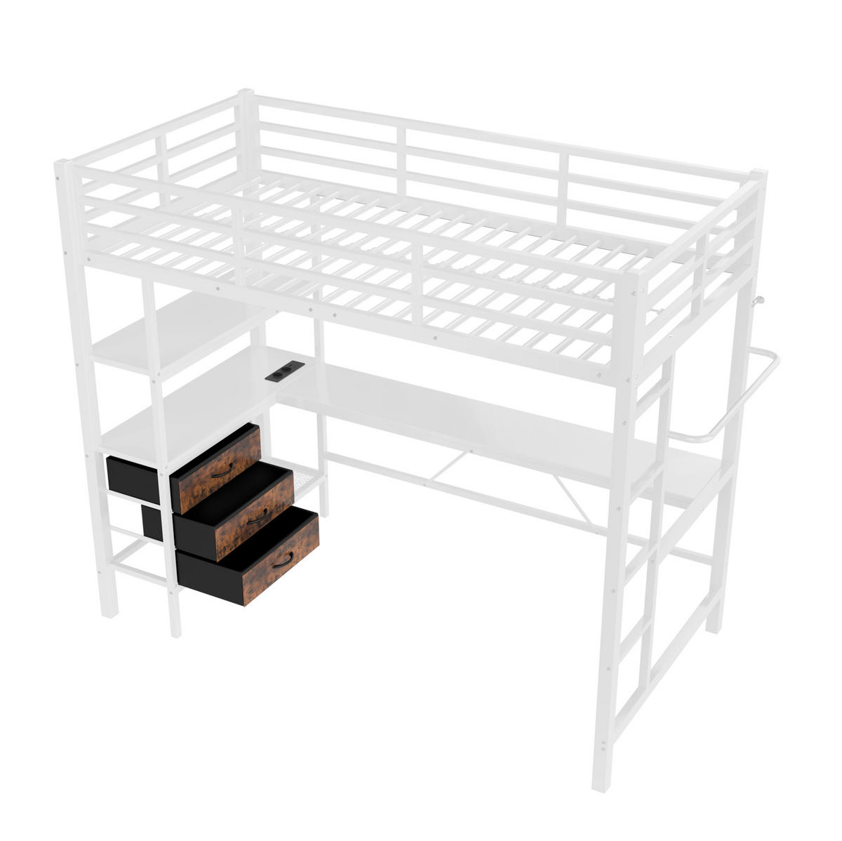 HOCHBETT 90/200 cm aus Metall mit LED-Beleuchtung, Schreibtisch, Steckdose, USB, 3 Schubladen und Regal, Weiß - Weiß, Metall (90/200cm) - Redom