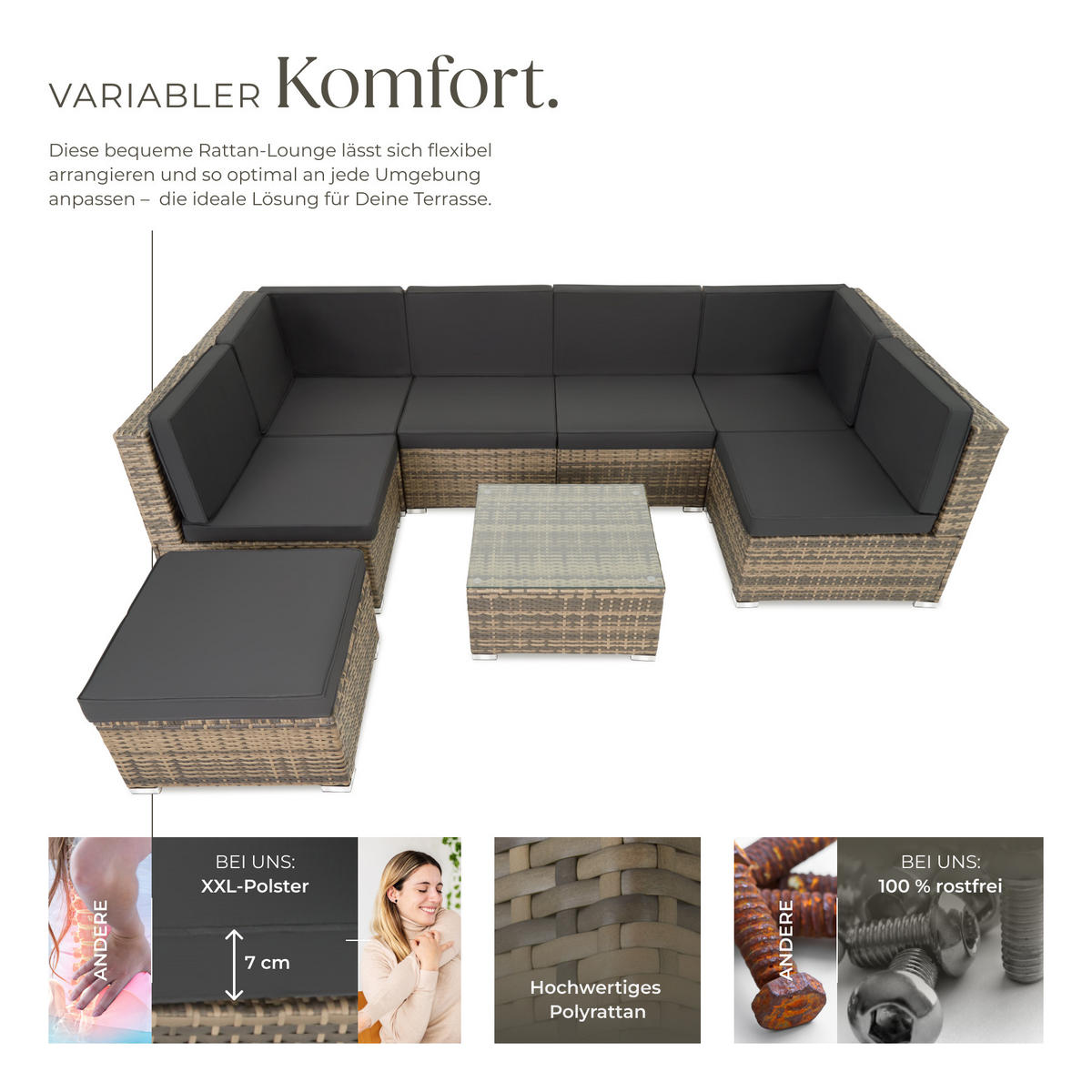 RATTANLOUNGE Venedig,mit Sicherheitsglasplatte,natur - Naturfarben, Kunststoff - tectake