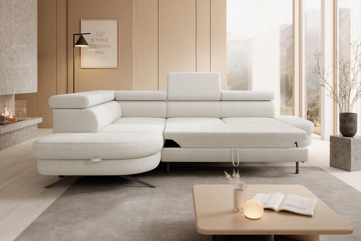 ECKSOFA OTIS L-förm, Schlaffunktion, verstellbare Kopfstützen, in AURORA-Stoff, lose Rückenkissen, freistehend, LINKS 218x276x97 cm White - Weiß, Holz/Textil (218/276cm) - DomoHome