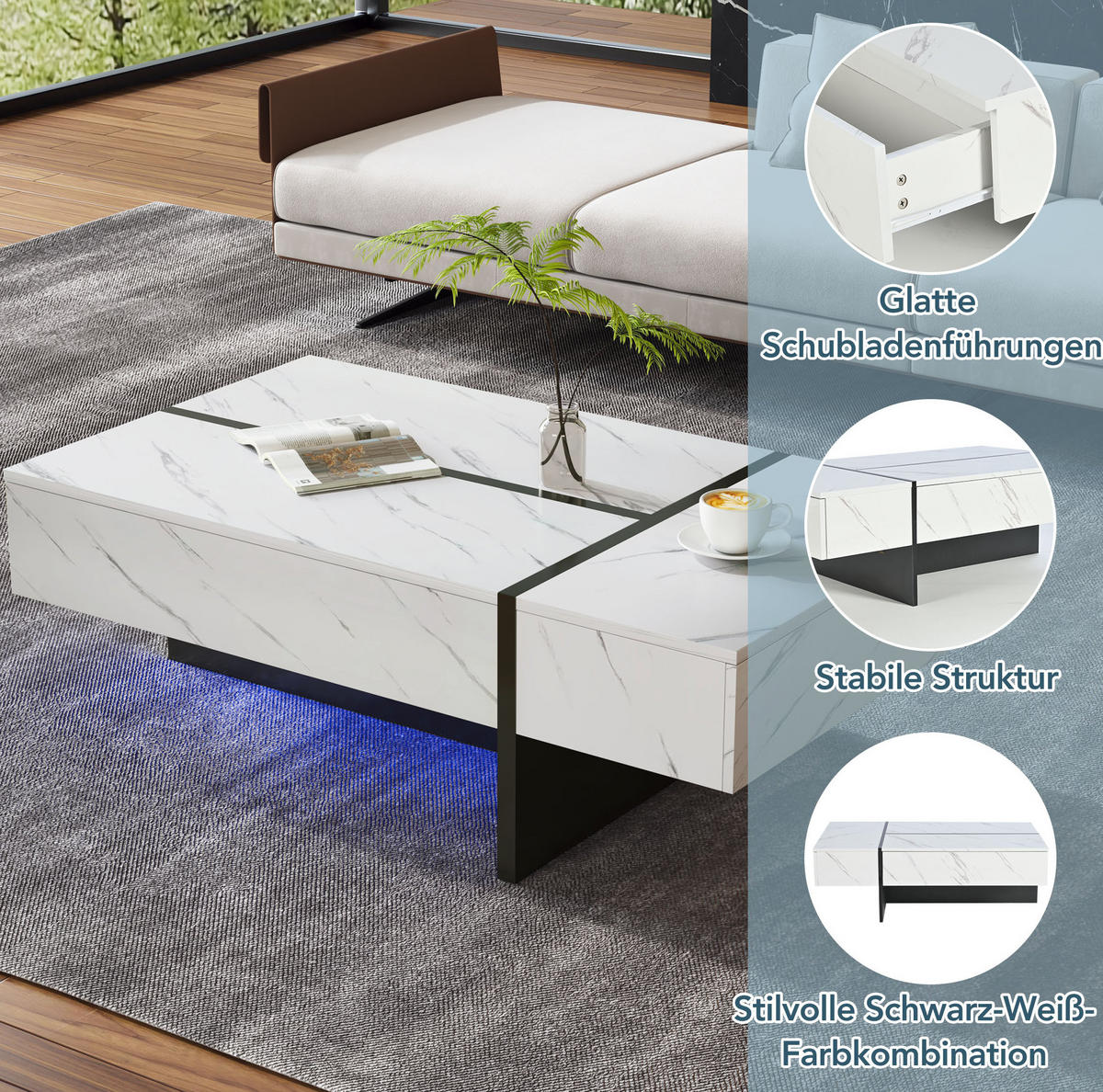 KONFERENČNÝ stolík 105/60/35 cm s 3 zásuvkami, LED osvetlením a vysokolesklou doskou s mramorovým dekorom, Biela - biela, kompozitné drevo (105/60/35cm) - Redom