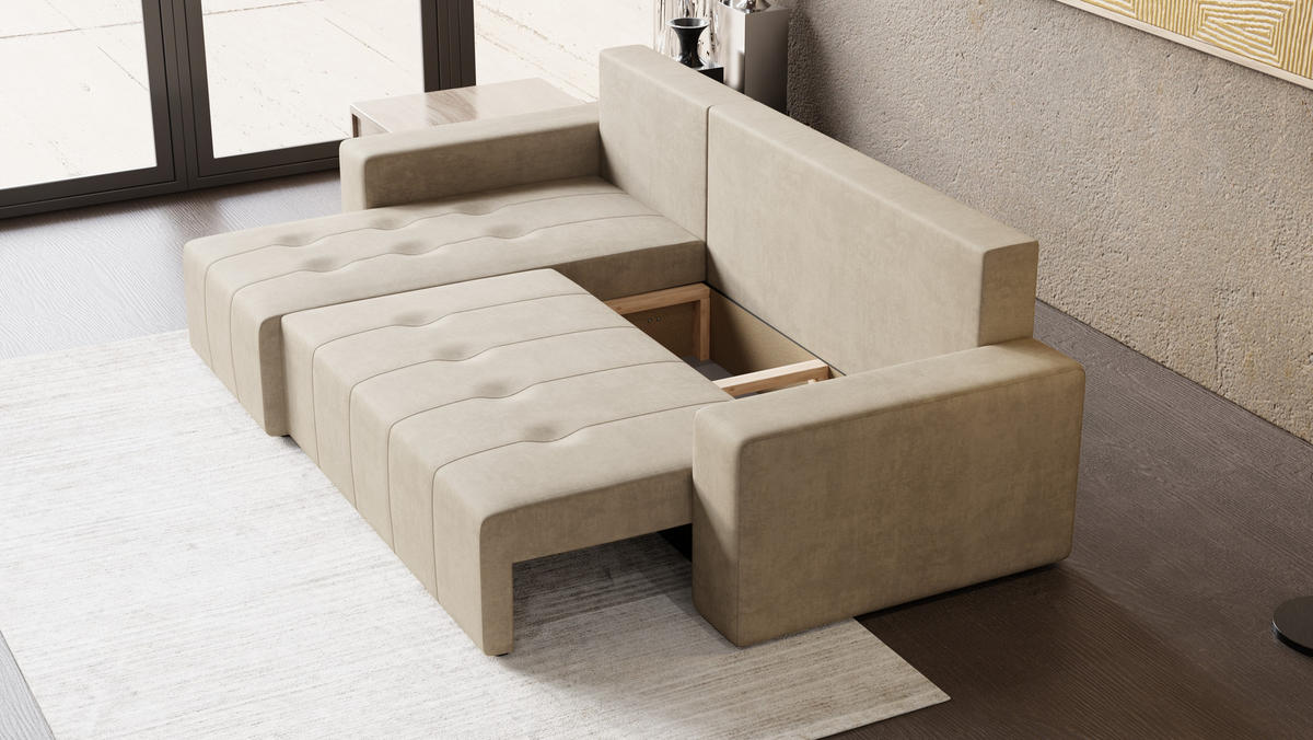 ECKSOFA Tico mit Bettkasten und Schlaffunktion, L-Form/XL-Form, Velourstoff, Universal - Beige, Holzwerkstoff (246/145cm) - 4ALL HOME