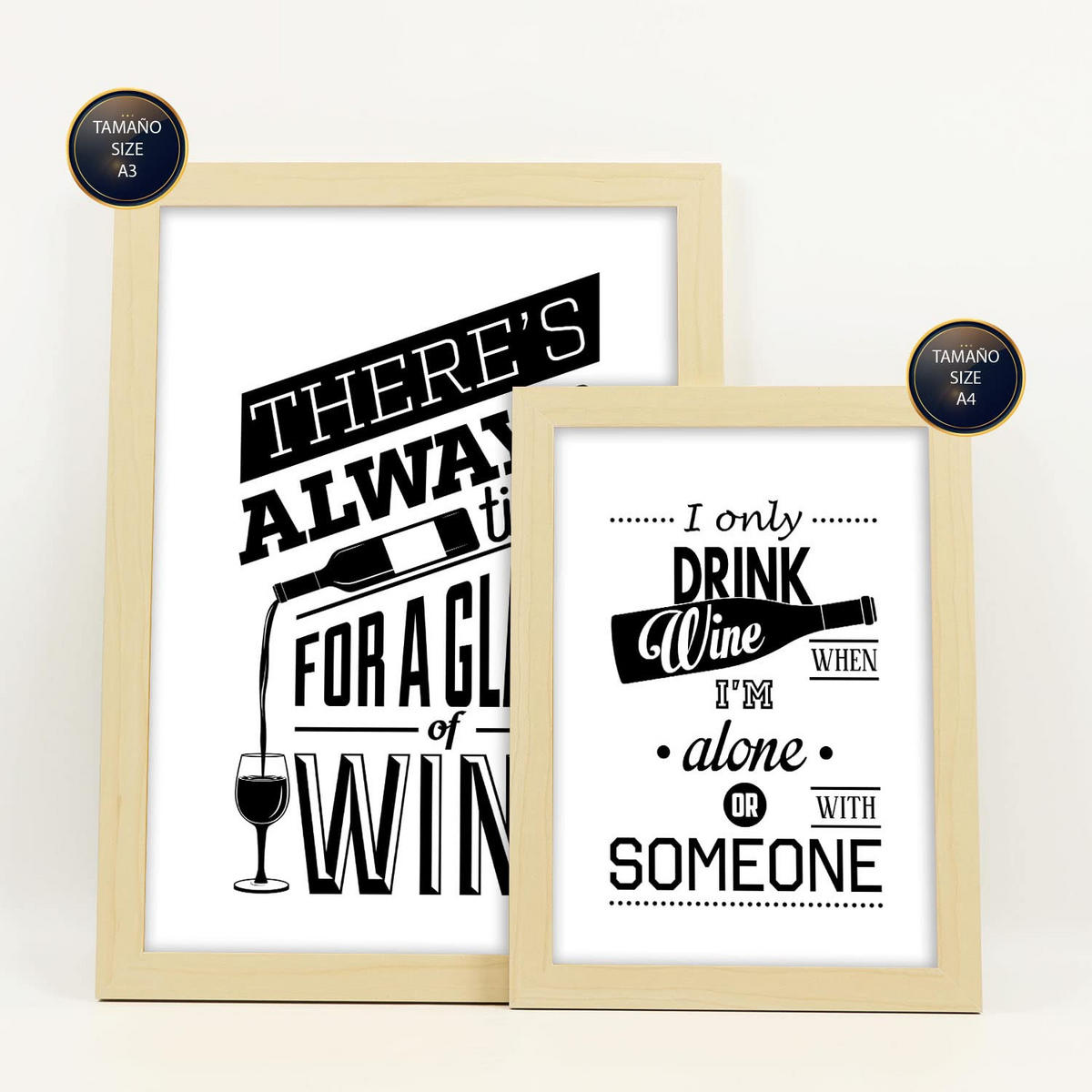 POSTER Set Mit 6 Weingetränk Größe A3 & A4 Rahmen aus hellem Holz - Beige, Papier (29.7/1cm) - Nacnic