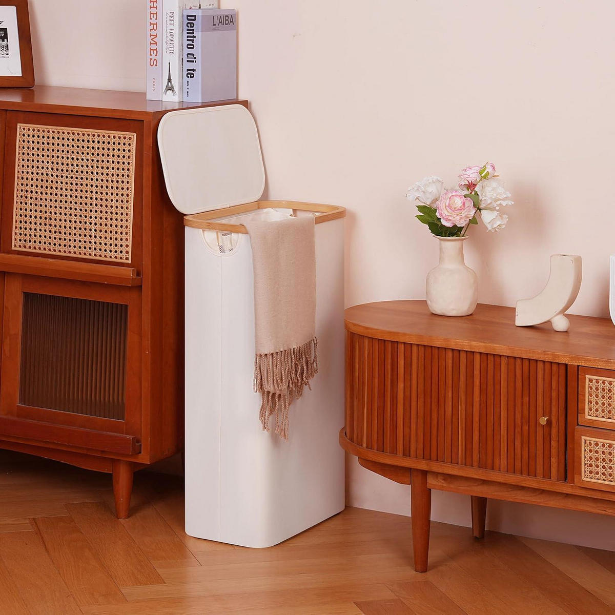 WÄSCHEKORB schmal 63L mit Deckel und herausnehmbarem Beutel Beige - Beige, Naturmaterialien (22/70/40cm)