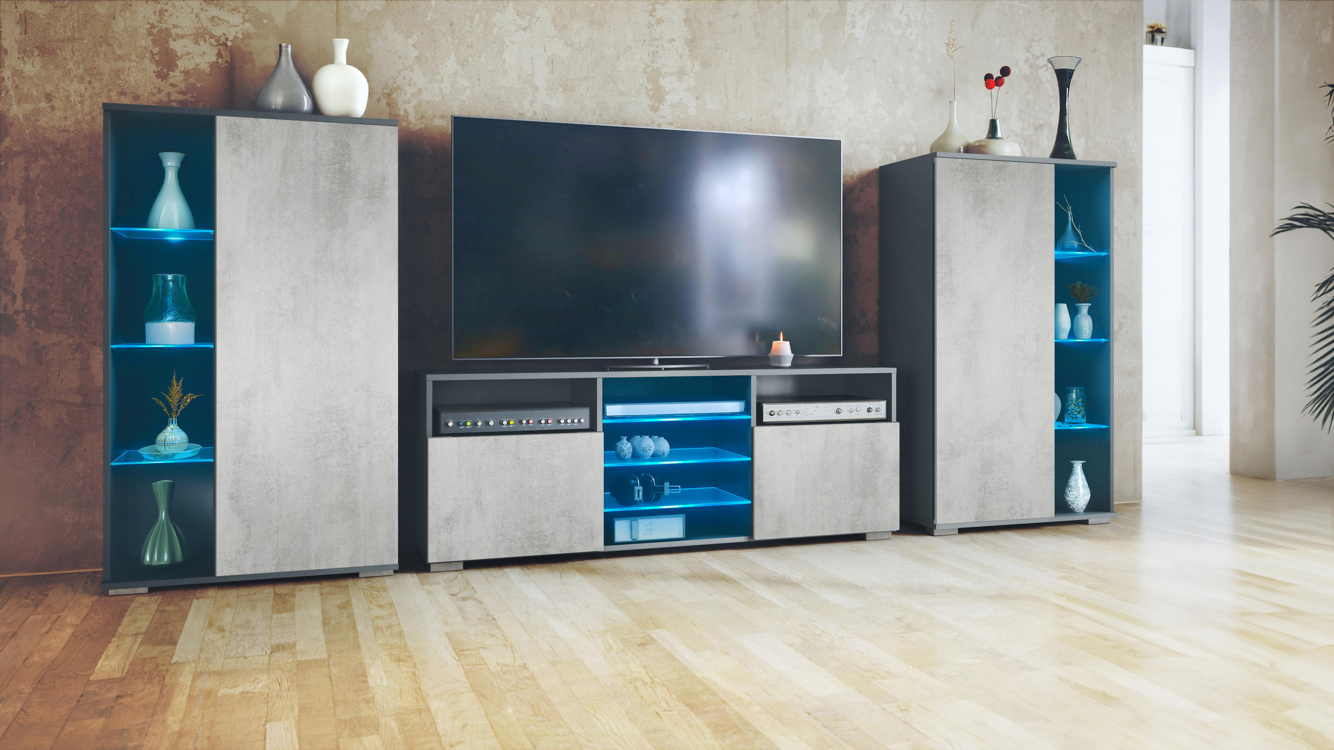 WOHNWAND Davos Beton Oxid Optik - Hellgrau, Holzwerkstoff (329/134/35cm) - Vladon