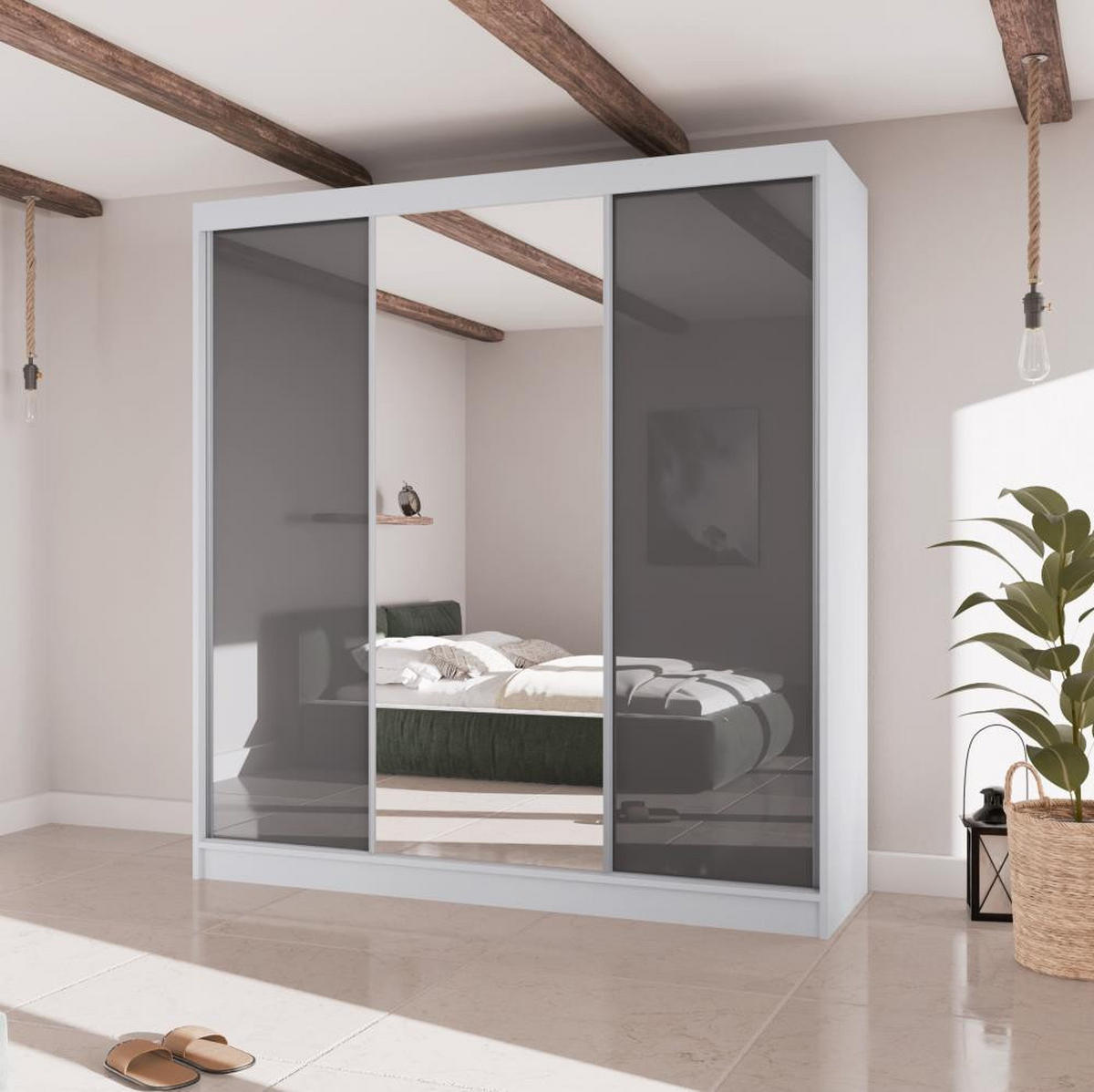 SCHWEBETÜRENSCHRANK Velis II 200/61/215 weiß+graphit - Graphitfarben/Weiß, Holzwerkstoff (200/215/61cm) - Beautysofa