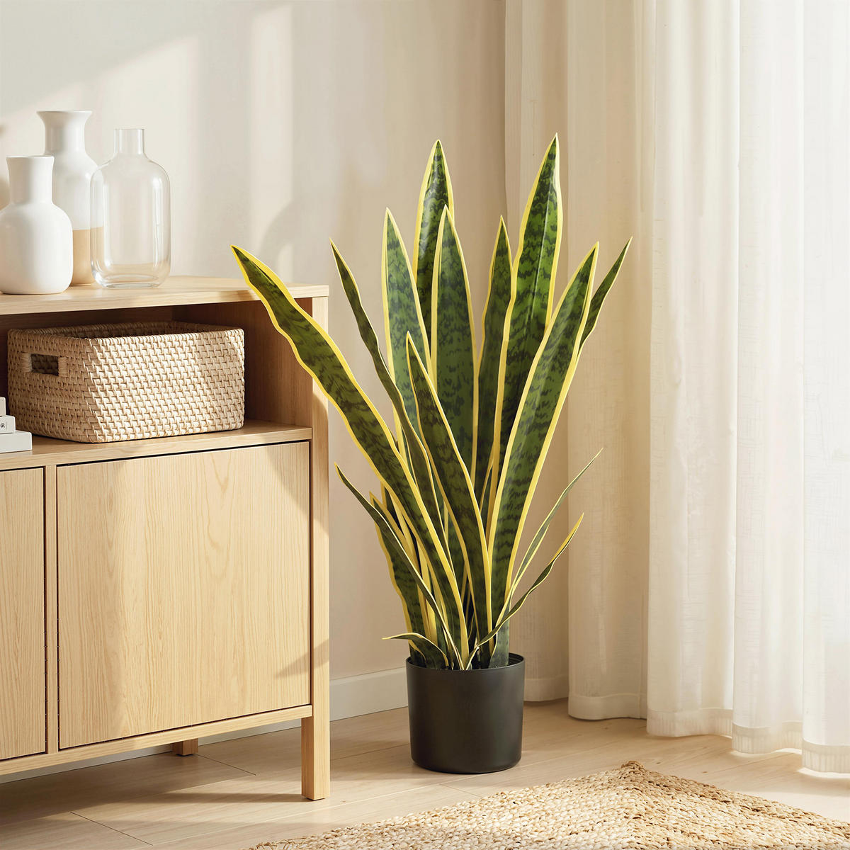 KUNSTPFLANZE, Künstliche Sansevieria, Topf, Ø15x80 cm, realistisch, Grün & Gelb - Multicolor, Kunststoff (77cm) - FORIOUS