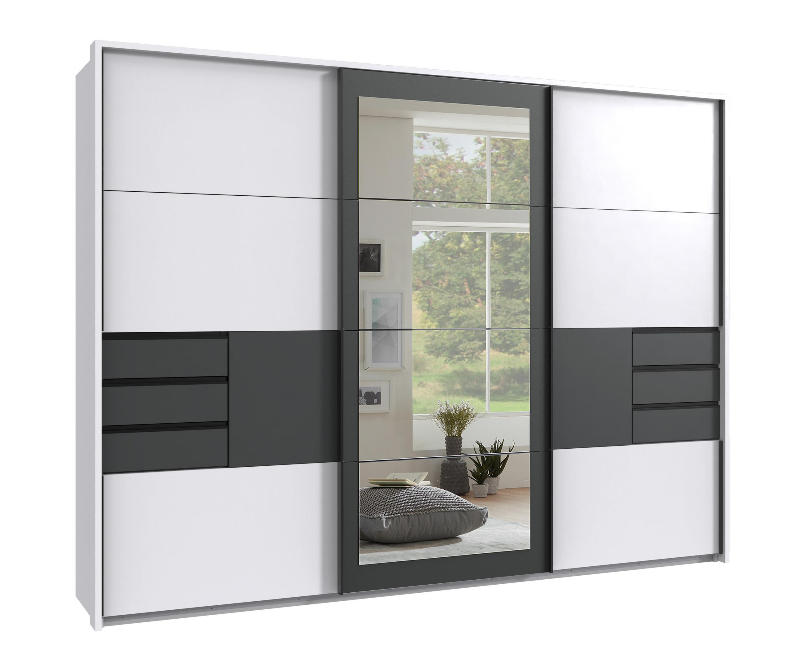 luma-home SKŘÍŇ S POSUVNÝMI DVEŘMI, 3dveřová, 273 × 213 × 64 cm (Š×V×H), bílá s grafitovými akcenty, paspartou, zrcadlem a zásuvkami / 22505