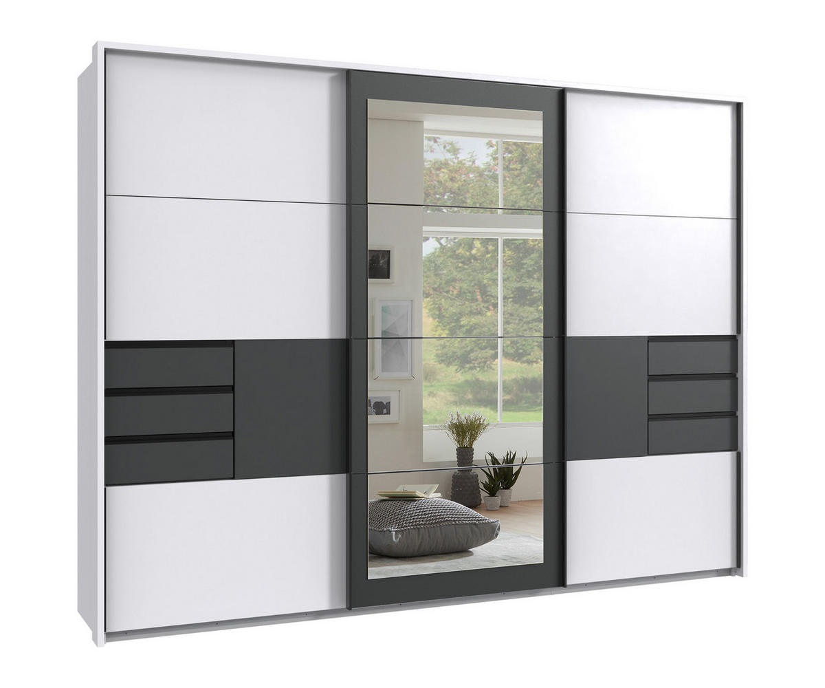 SCHWEBETÜRENSCHRANK 3-türig mit Passepartout, Spiegel, Schubladen, Vollausstattung, Weiß mit Absetzungen in Grafit, B273/H213/64 cm / 22505 - Schwarz/Weiß, Holzwerkstoff/Metall (273/213/64cm) - luma-home